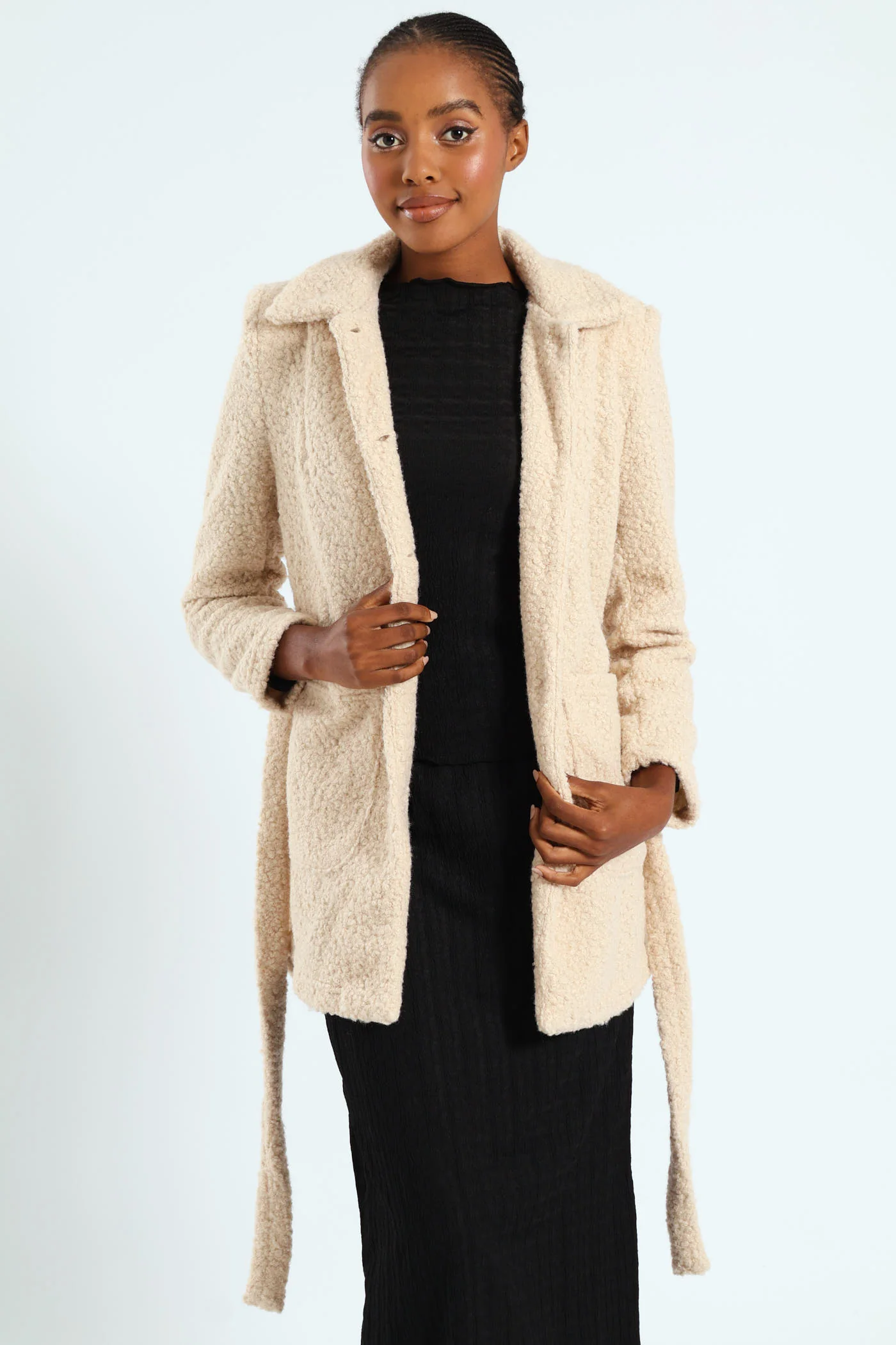 Belted Button Through Boucle Shacket - Stone - Image 4
