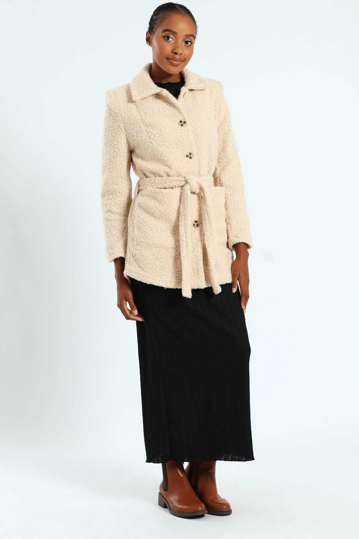 Belted Button Through Boucle Shacket - Stone - Image 5
