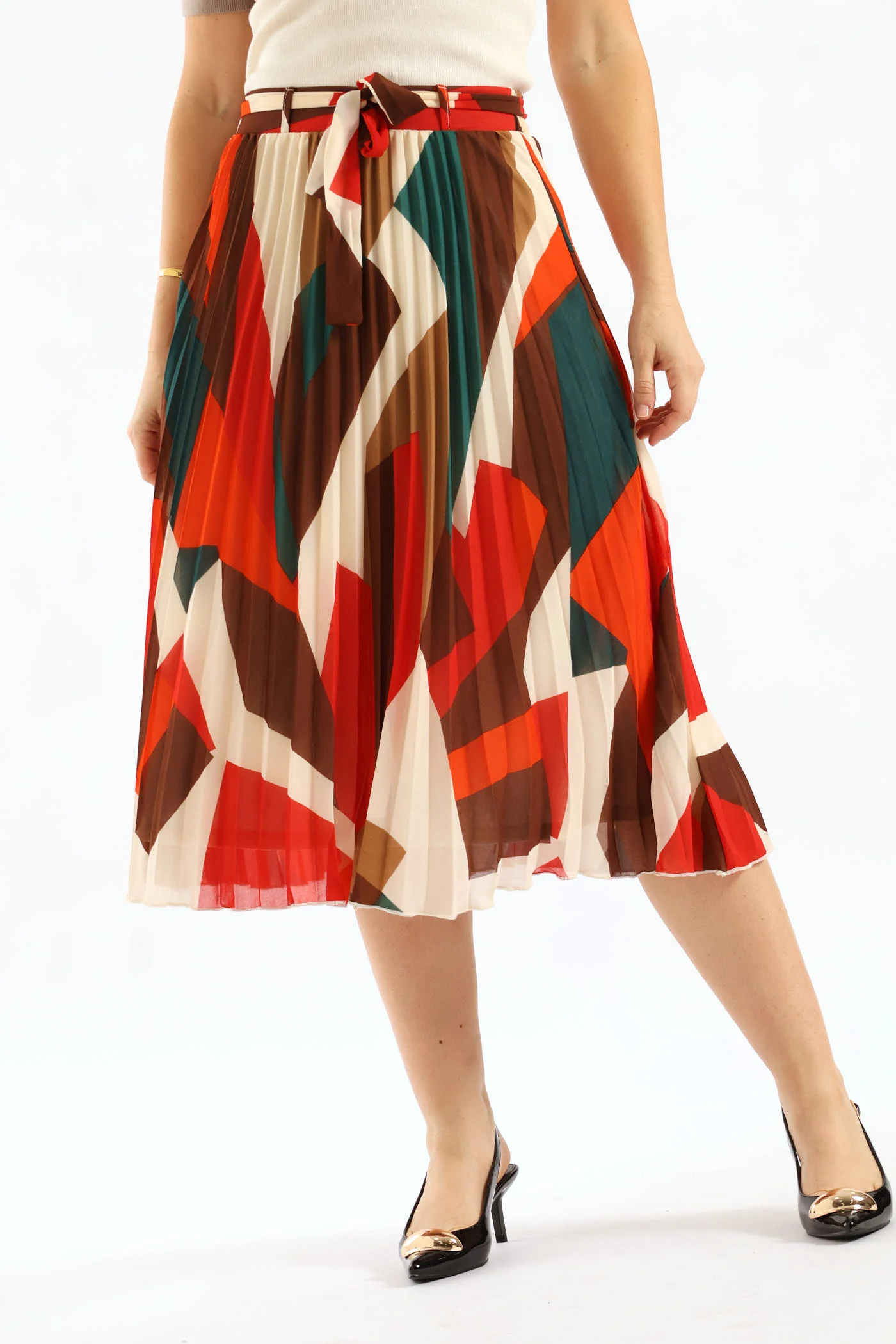 Belted Chiffon Pleated Midi Skirt - Multi - Image 3