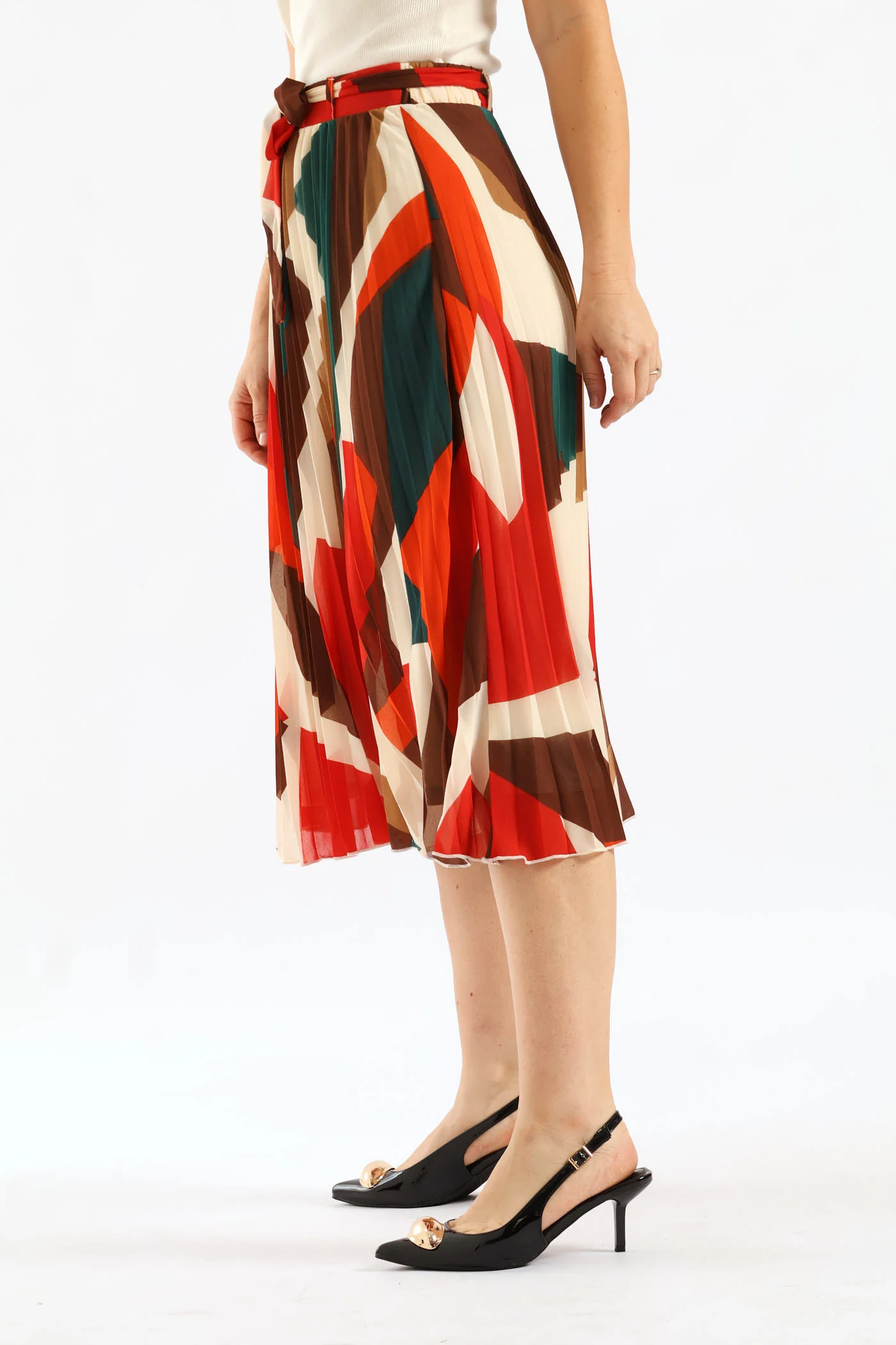 Belted Chiffon Pleated Midi Skirt - Multi - Image 4