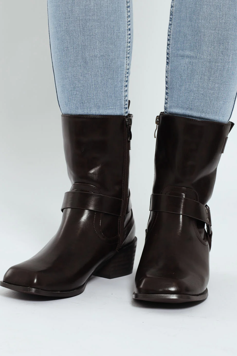 Belted Chunky Military Boot - Chocolate - Image 3