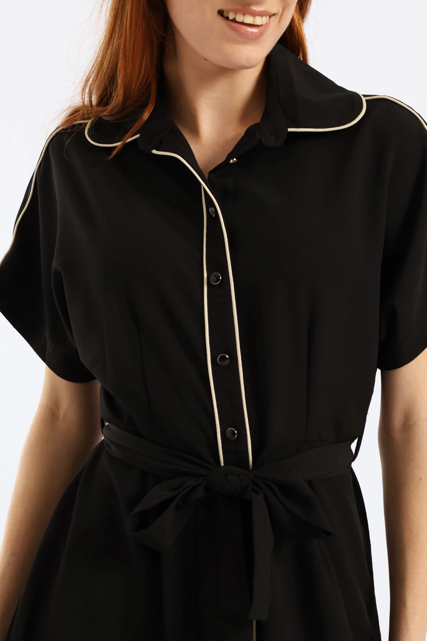 Belted Contrast Tipped Shirt Dress - Black/Cream - Image 2