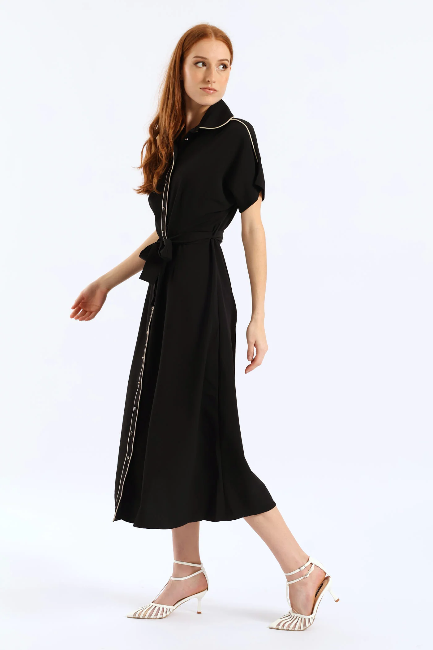Belted Contrast Tipped Shirt Dress - Black/Cream - Image 3