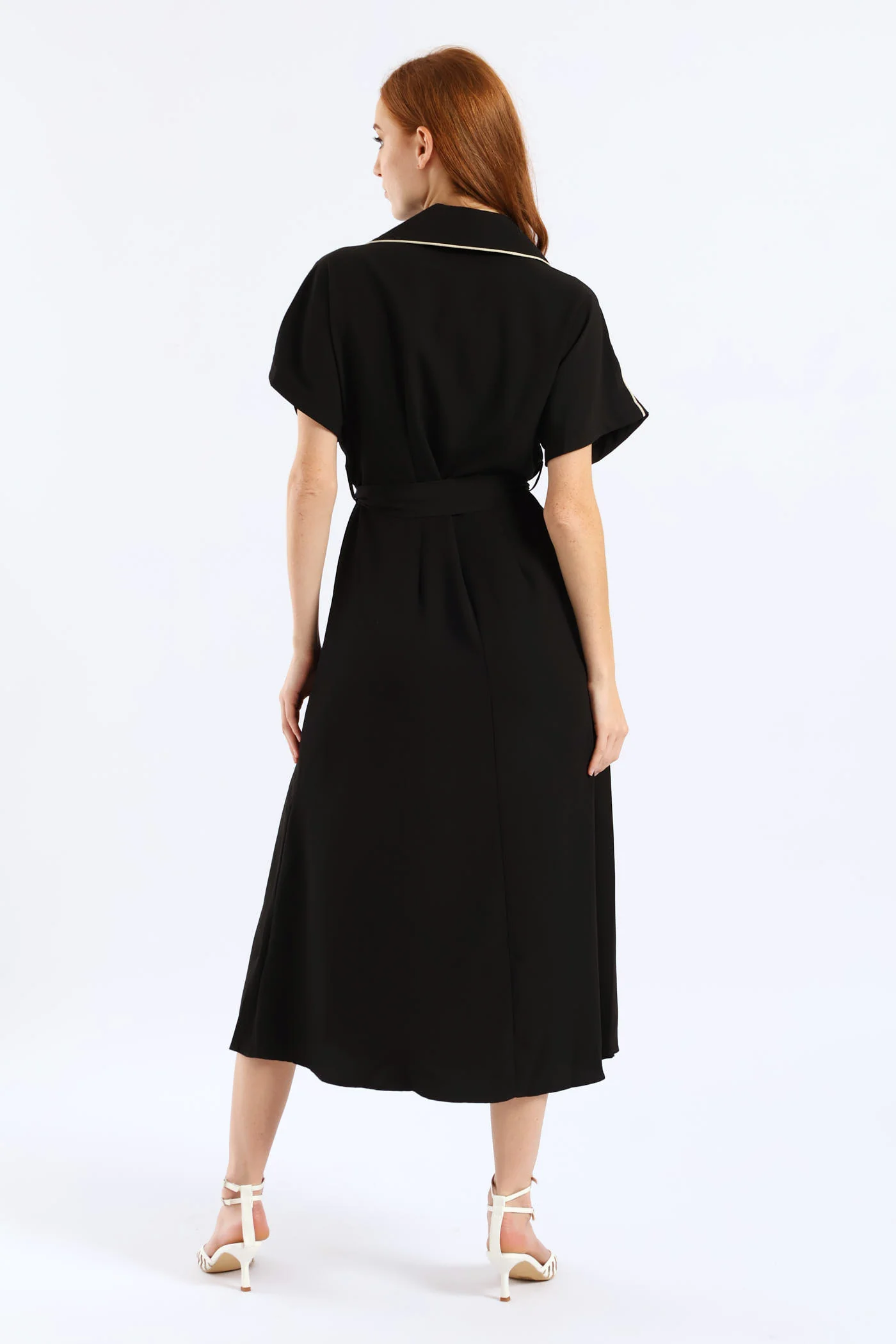 Belted Contrast Tipped Shirt Dress - Black/Cream - Image 4