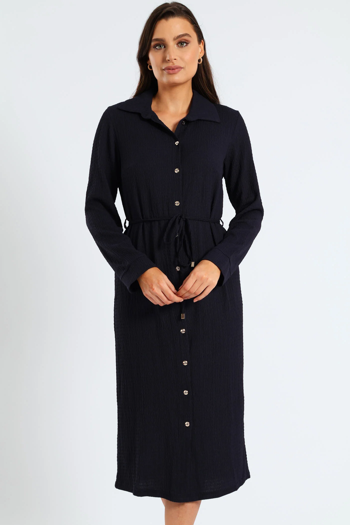 Belted Crinkle Midi Shirt Dress - Navy - Image 2