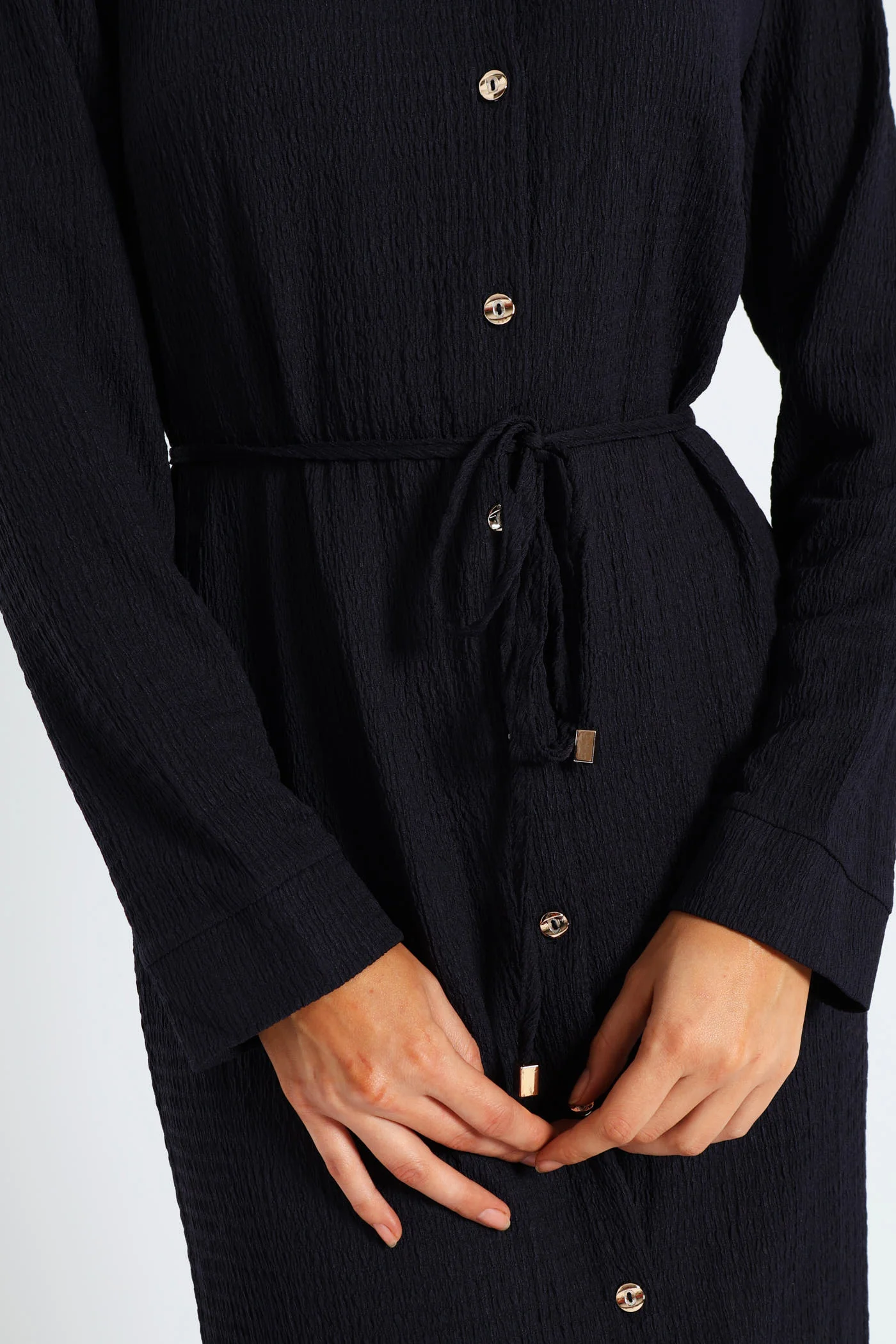 Belted Crinkle Midi Shirt Dress - Navy - Image 3