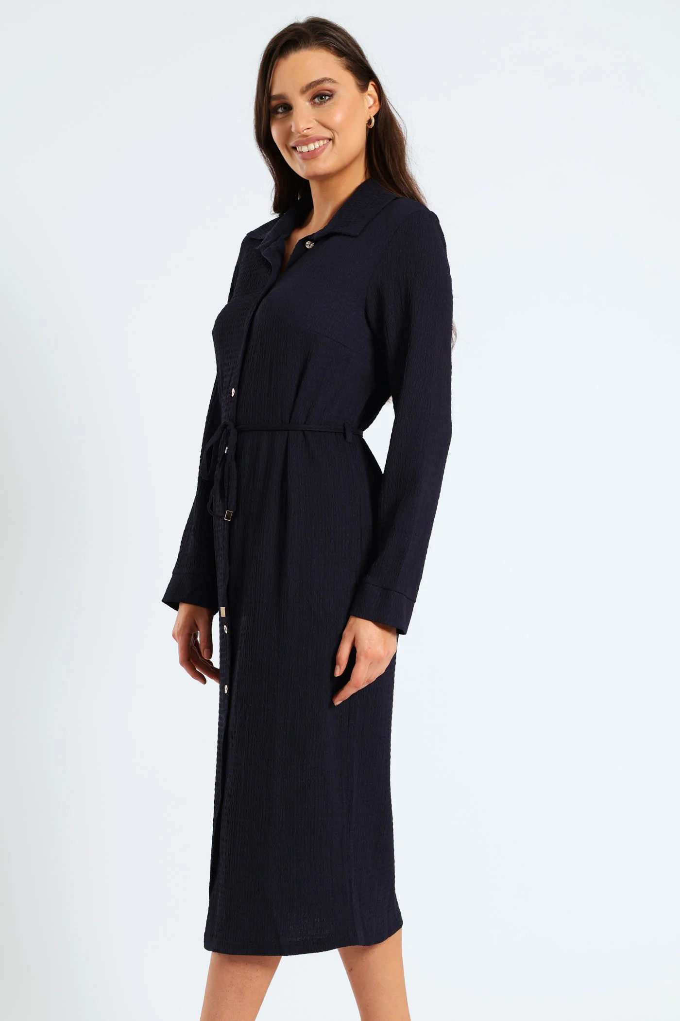 Belted Crinkle Midi Shirt Dress - Navy - Image 4