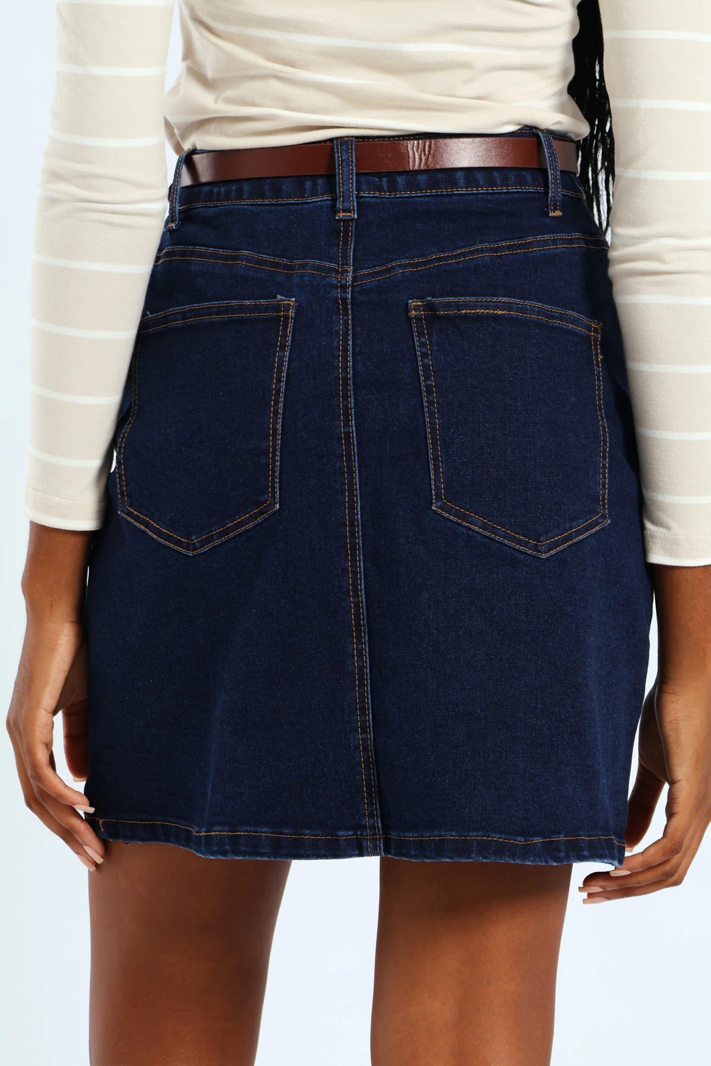 Belted Denim Mini Skirt - Dark Wash - Image 3