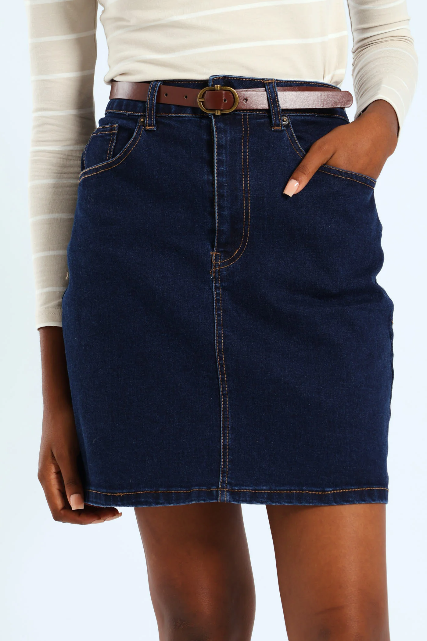 Belted Denim Mini Skirt - Dark Wash - Image 4