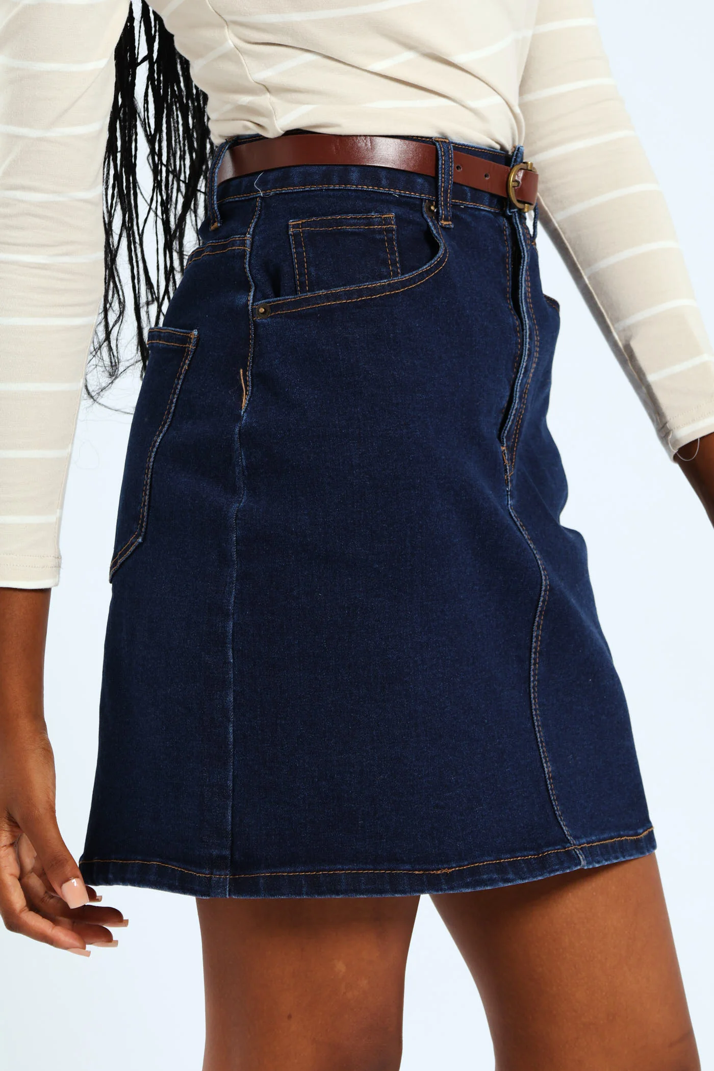 Belted Denim Mini Skirt - Dark Wash - Image 5
