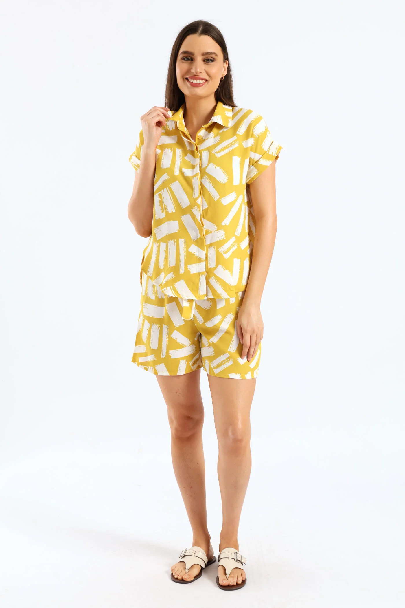Belted Elasicated Mid Thigh Flat Toggle Shorts - White/Ochre - Image 6