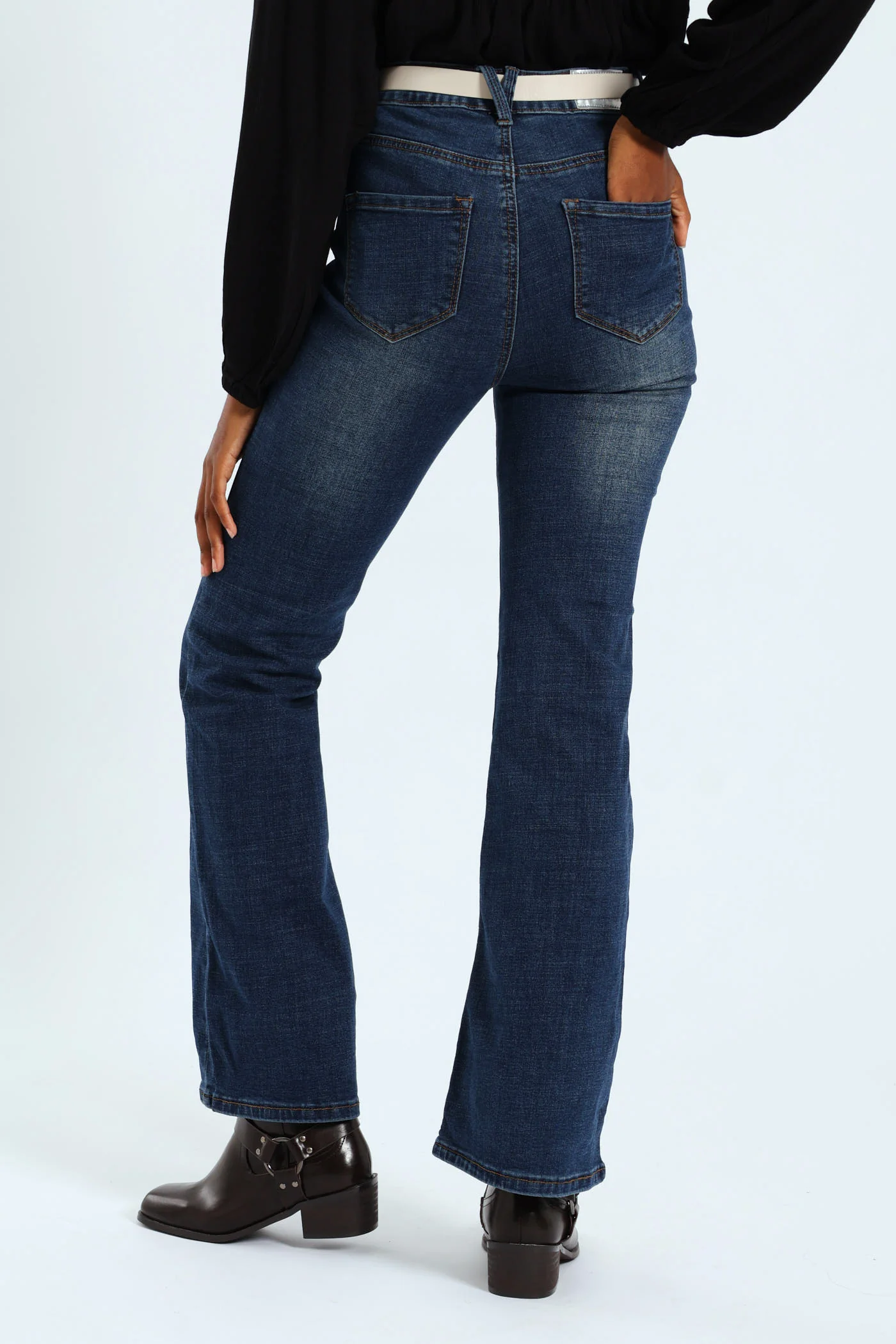 Belted Flare Leg Jean - Dark Wash - Image 3