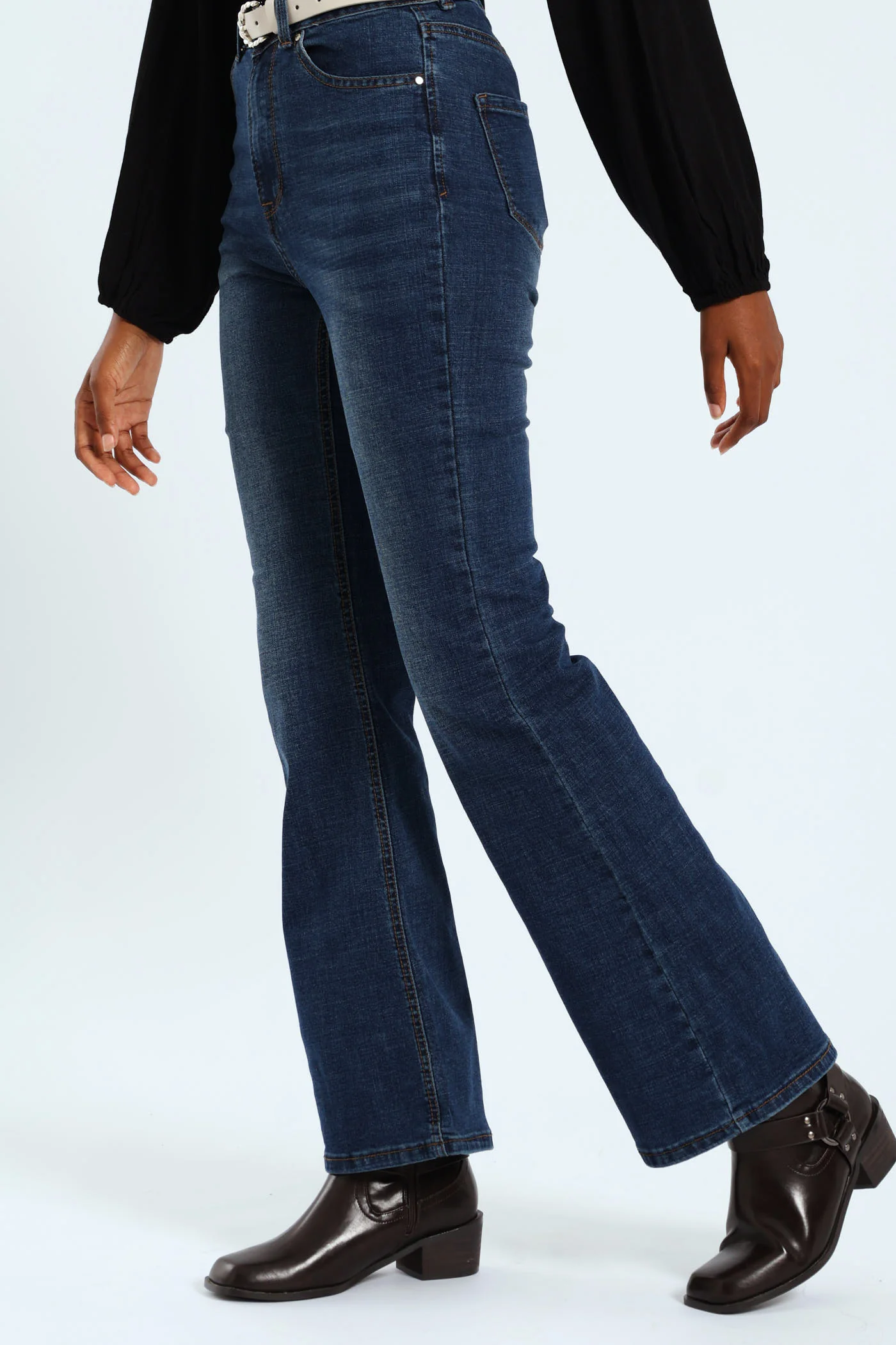 Belted Flare Leg Jean - Dark Wash - Image 4