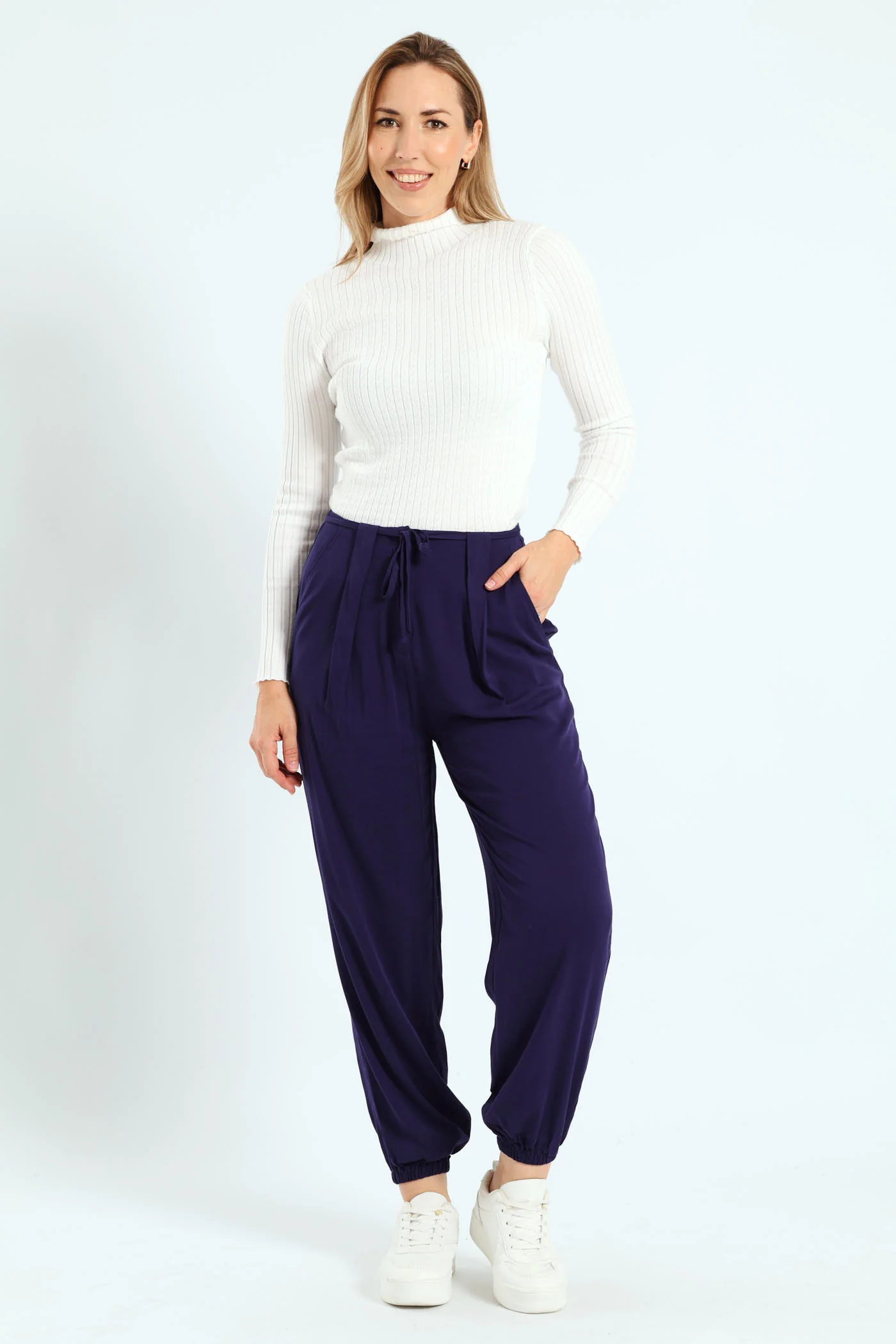 Belted Jogger With Grown On Waist - Navy - Image 5