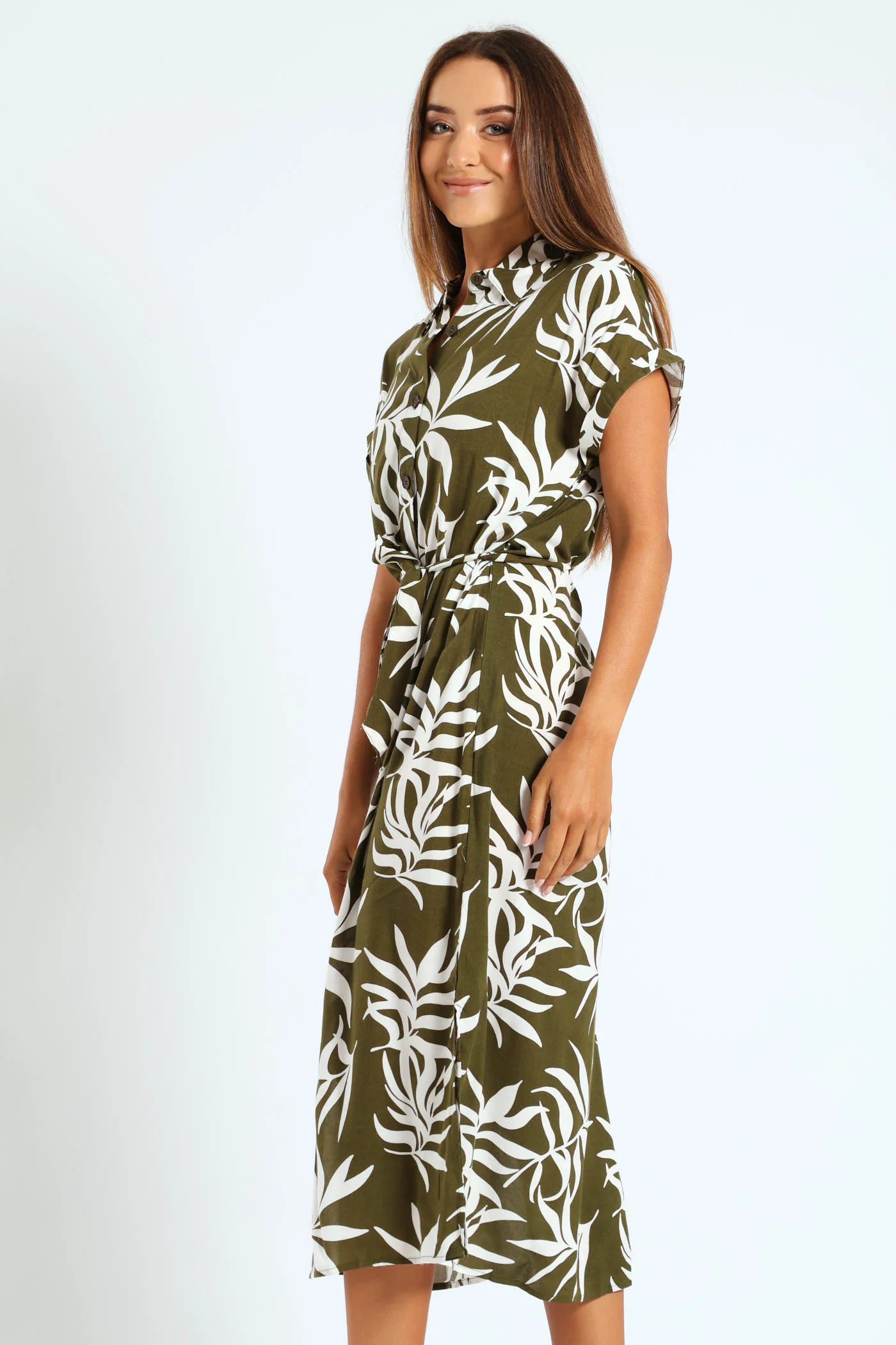 Belted Midi Shirt Dress - Fatigue/Cream - Image 3