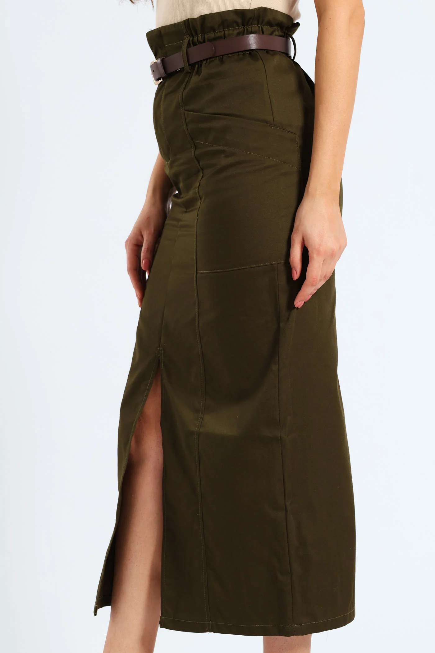 Belted Paperbag Front Slit Structured Midaxi Pencil Skirt - Fatigue - Image 3