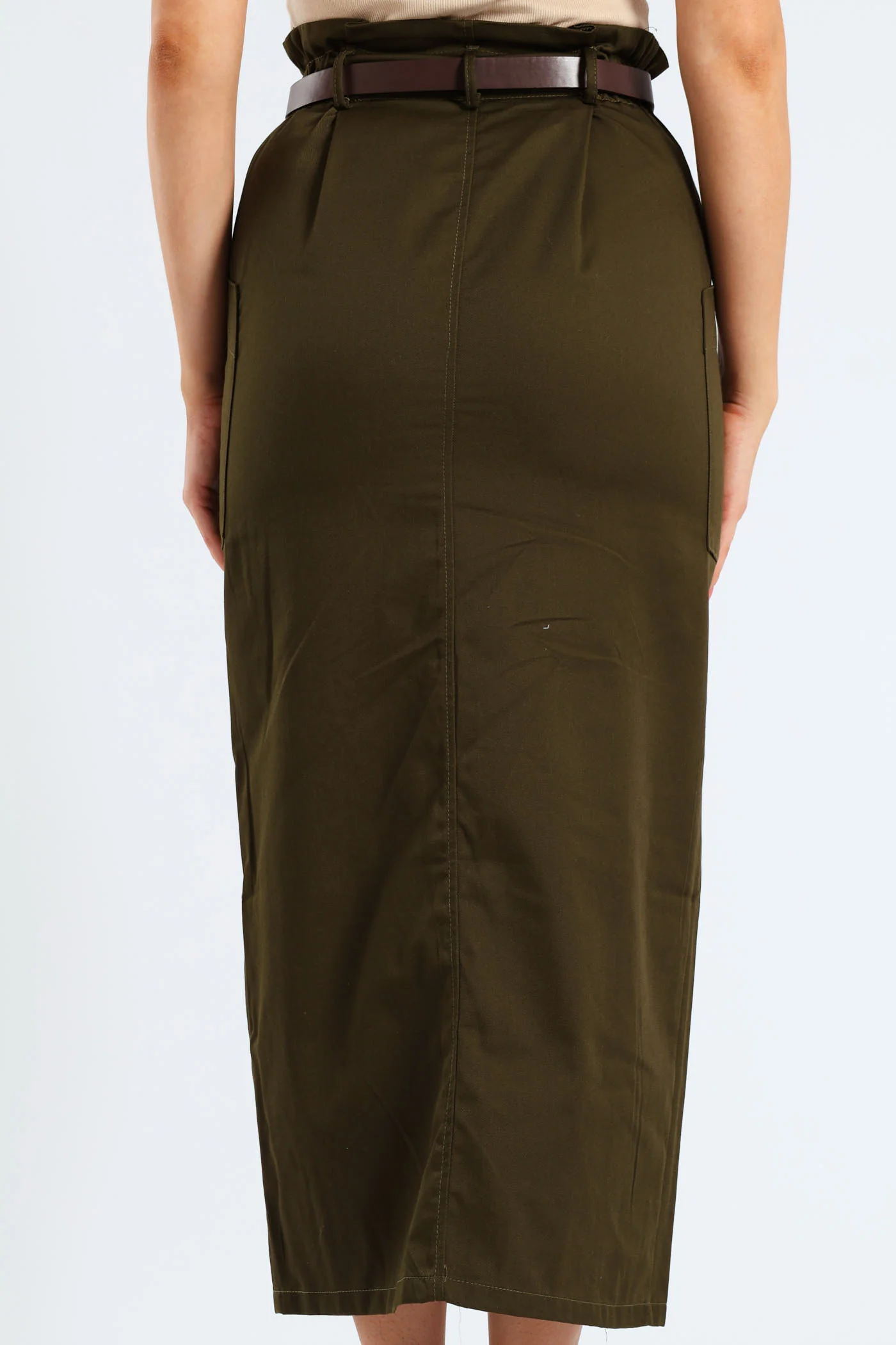 Belted Paperbag Front Slit Structured Midaxi Pencil Skirt - Fatigue - Image 4