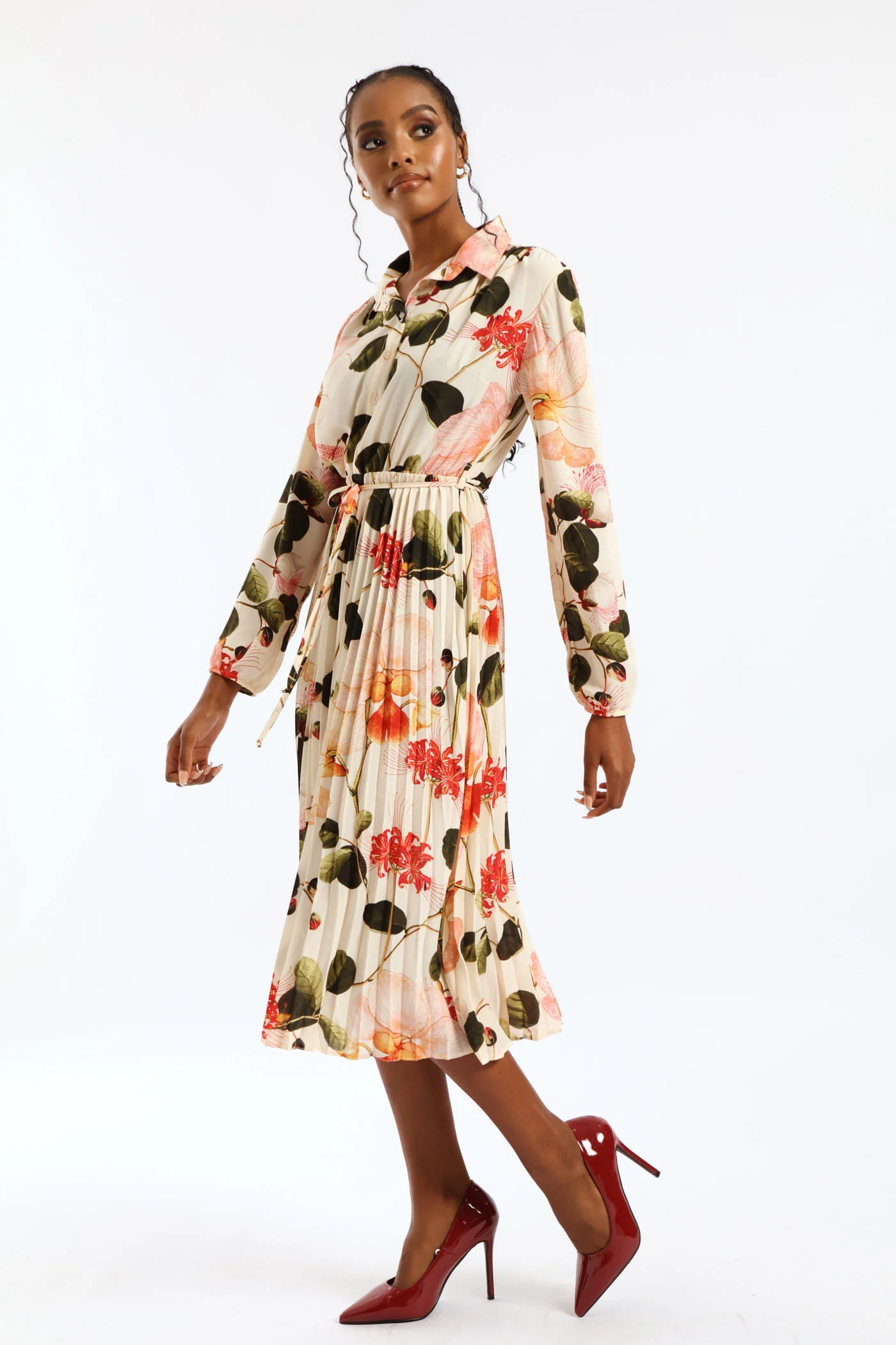 Belted Pleated Crepe Midi Shirt Dress - Cream - Image 3