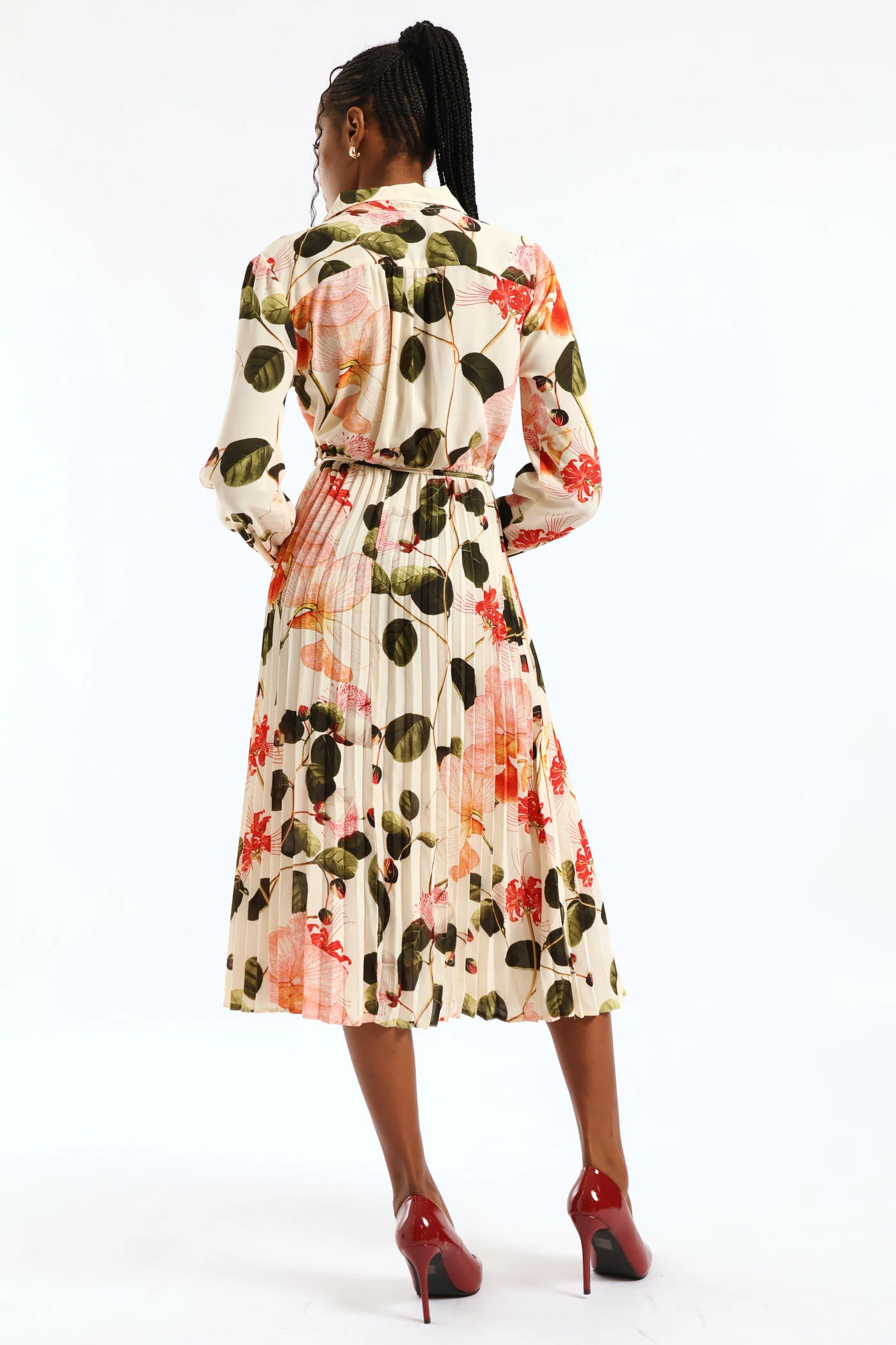 Belted Pleated Crepe Midi Shirt Dress - Cream - Image 4