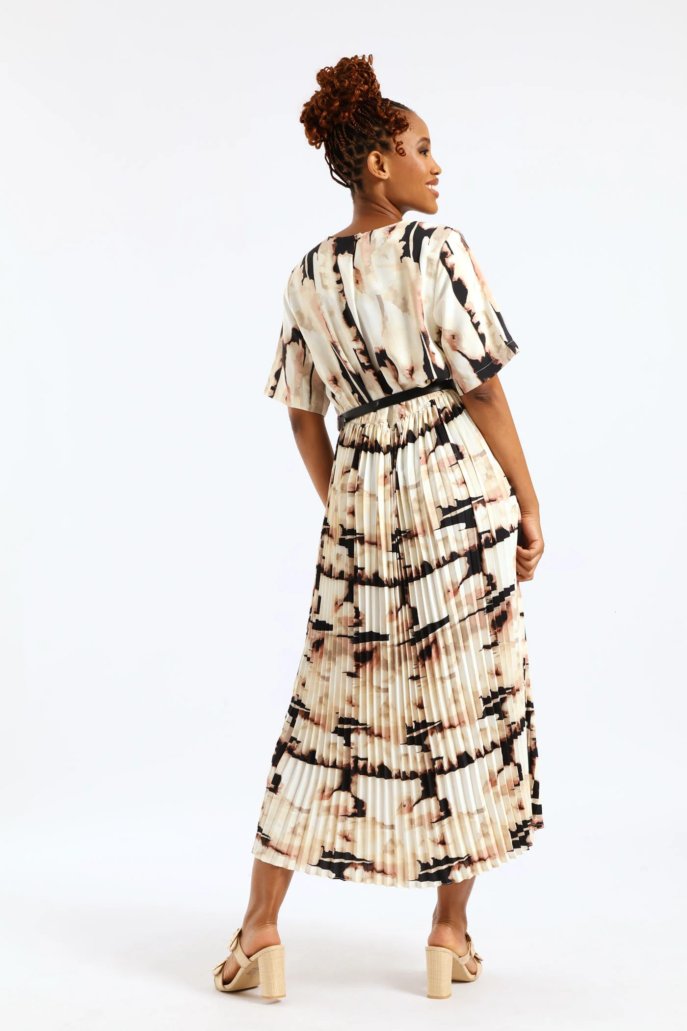 Belted Pleated Maxi Dress - Rose/Cream - Image 2
