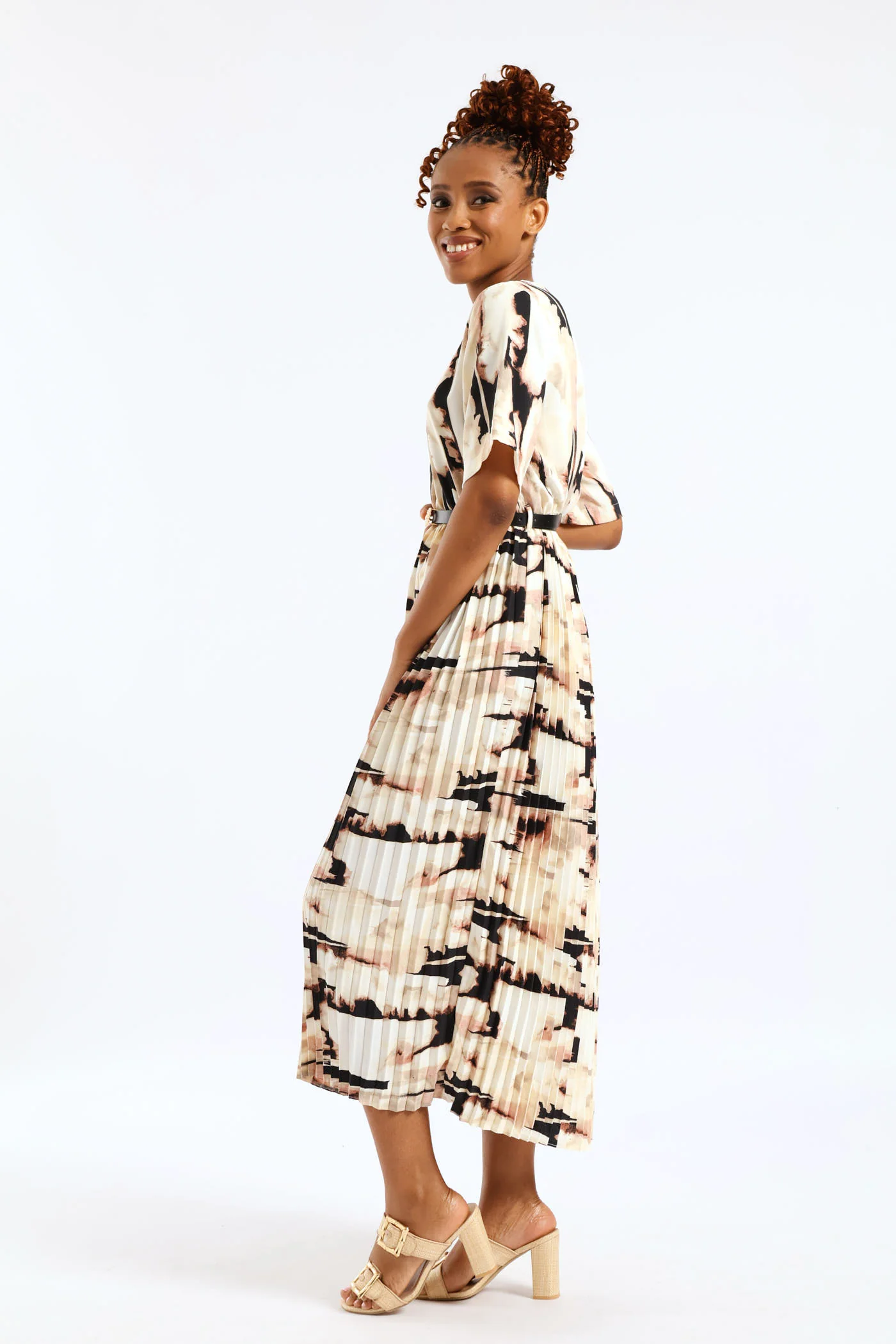 Belted Pleated Maxi Dress - Rose/Cream - Image 3