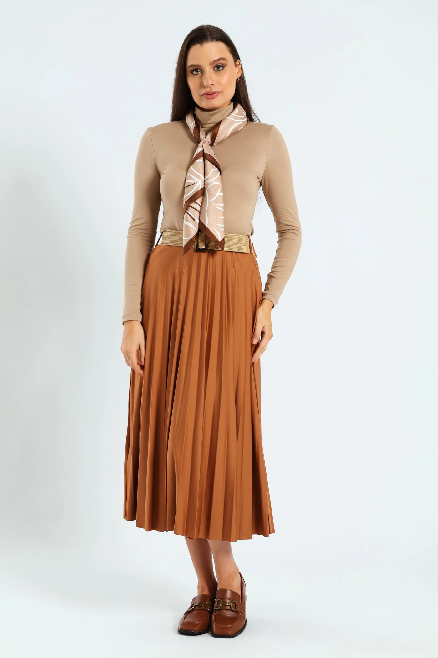 Belted Pleated Maxi Skirt - Caramel - Image 2