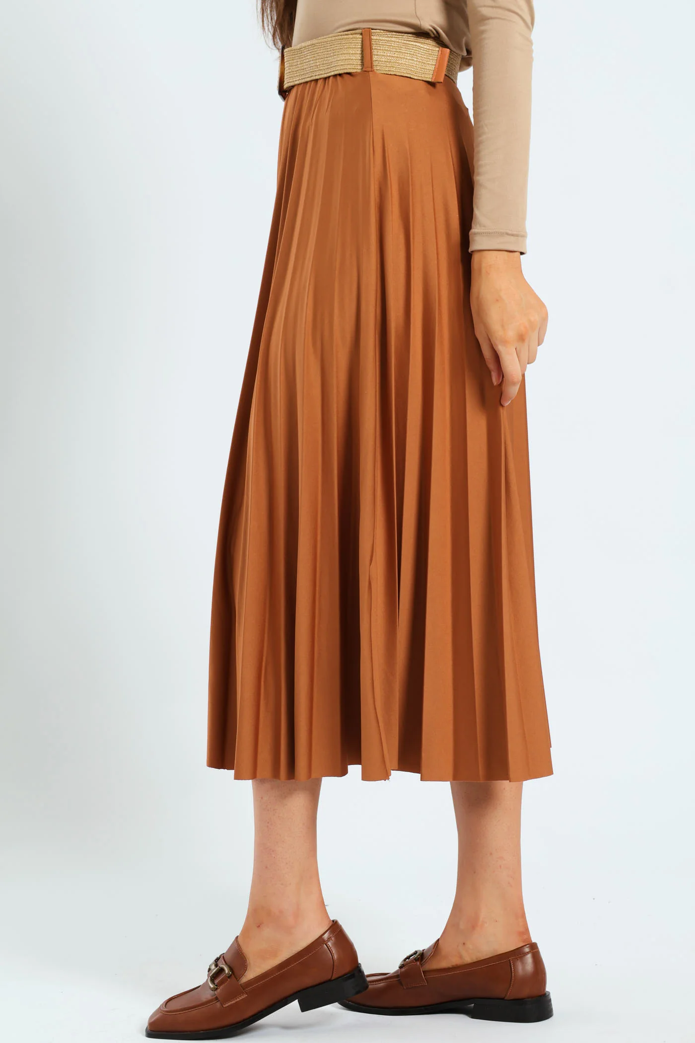 Belted Pleated Maxi Skirt - Caramel - Image 3