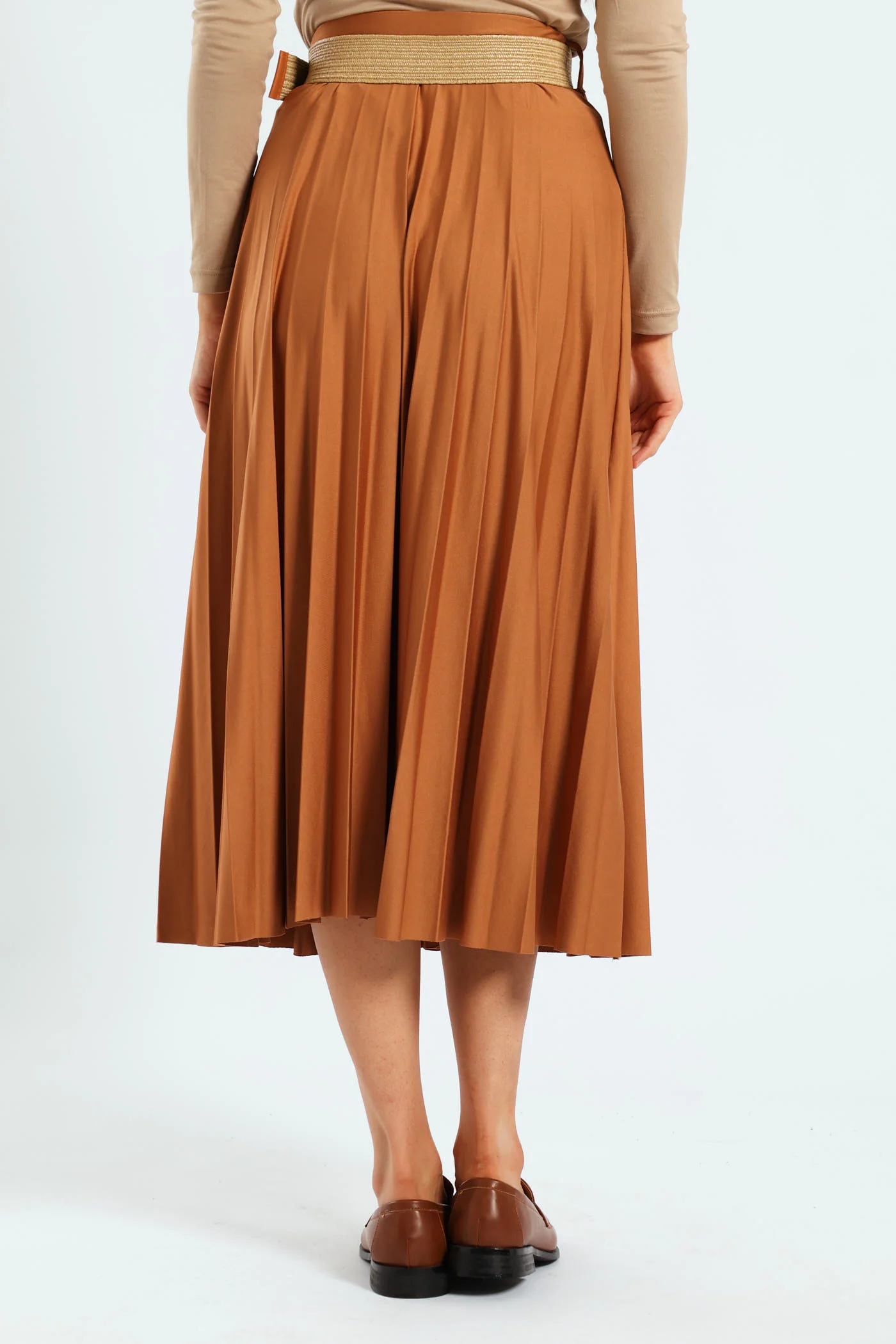 Belted Pleated Maxi Skirt - Caramel - Image 4