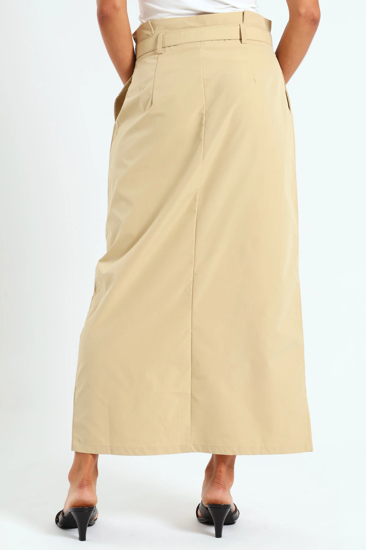 Belted Pleated Paperbag Maxi Pencil Skirt With Slit - Khaki - Image 2
