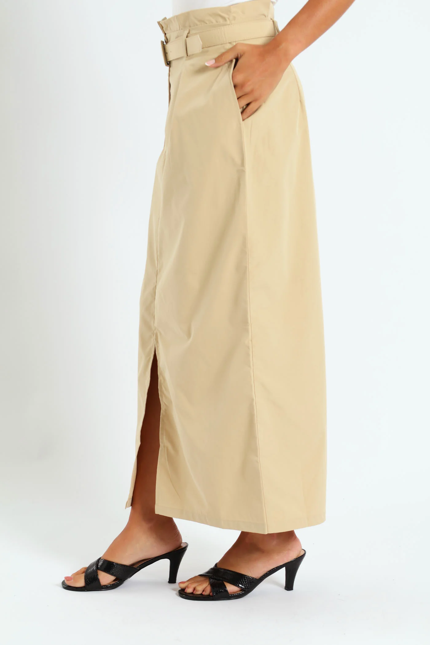 Belted Pleated Paperbag Maxi Pencil Skirt With Slit - Khaki - Image 3