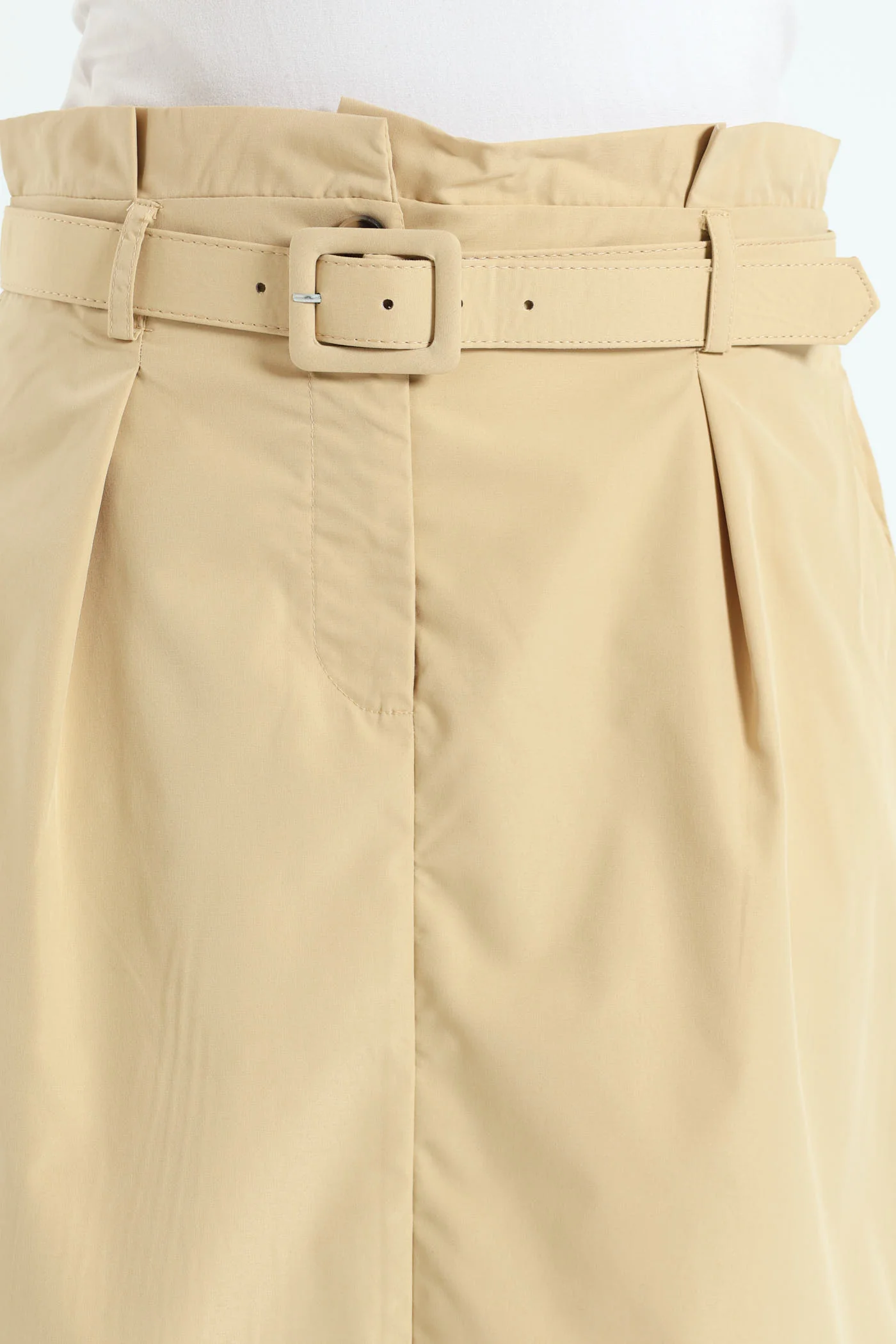 Belted Pleated Paperbag Maxi Pencil Skirt With Slit - Khaki - Image 4