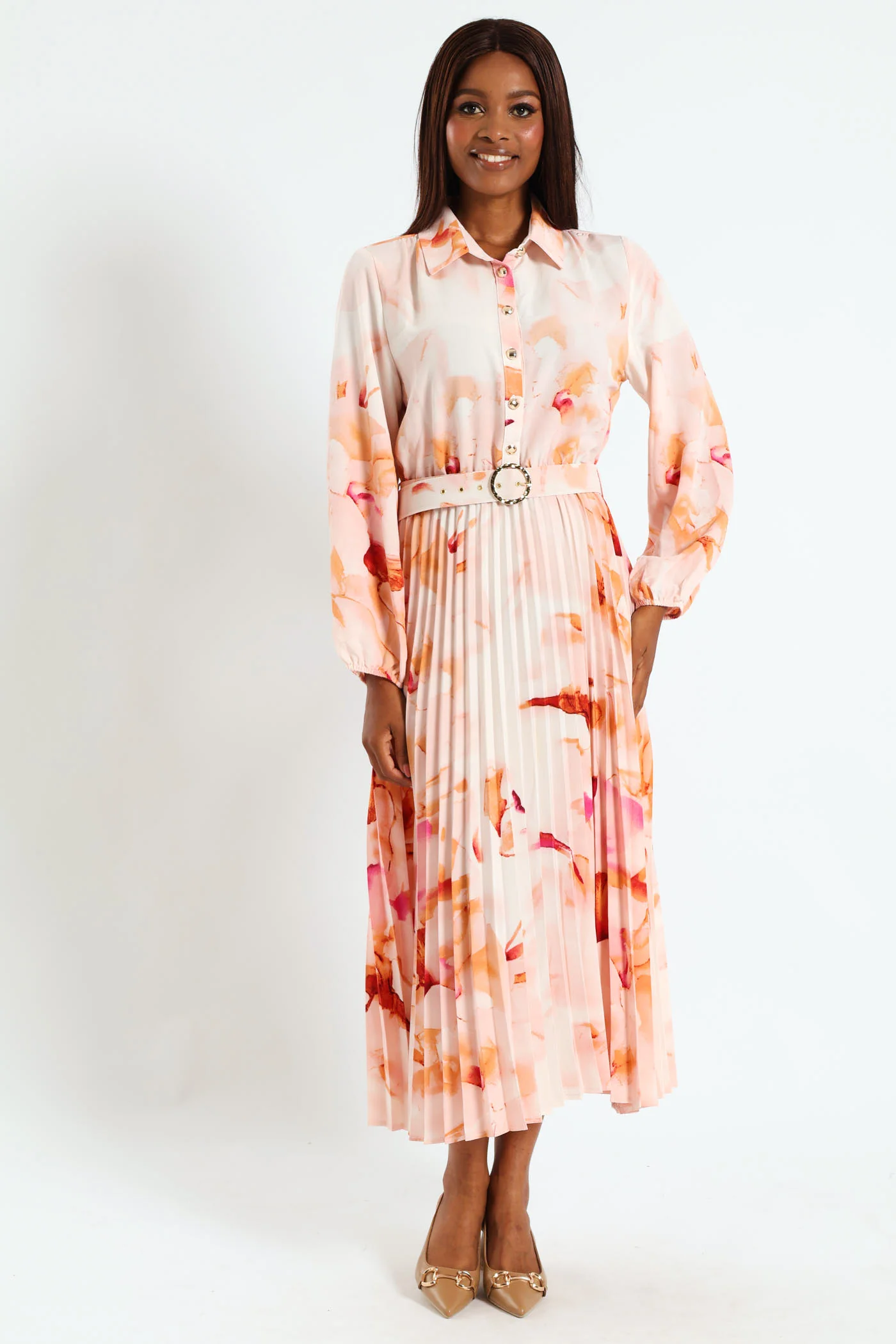 Belted Pleated Shirt Maxi Dress - Cream - Image 2