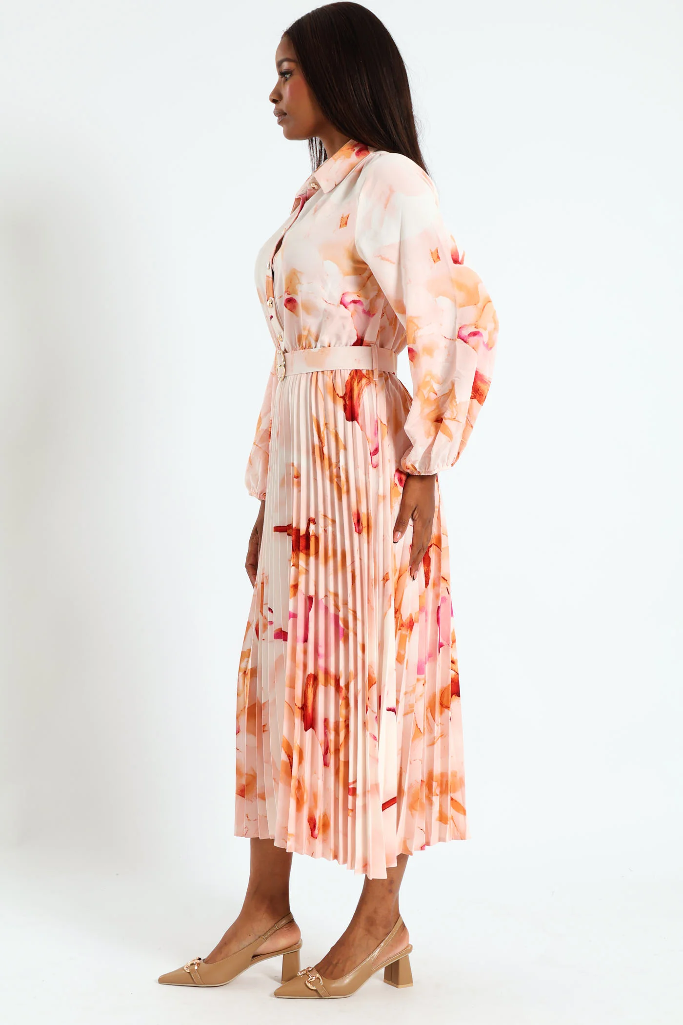 Belted Pleated Shirt Maxi Dress - Cream - Image 5