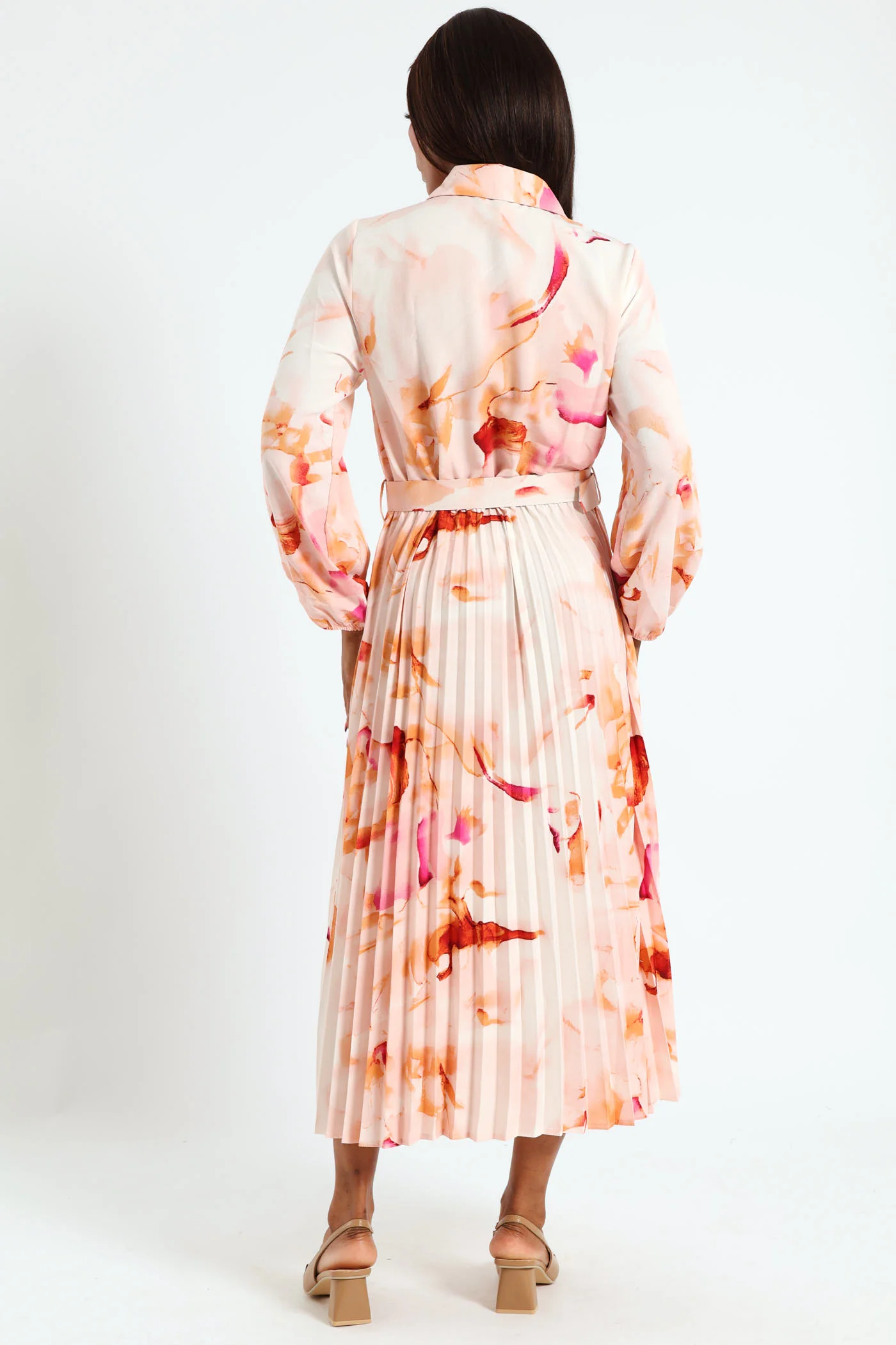 Belted Pleated Shirt Maxi Dress - Cream - Image 6