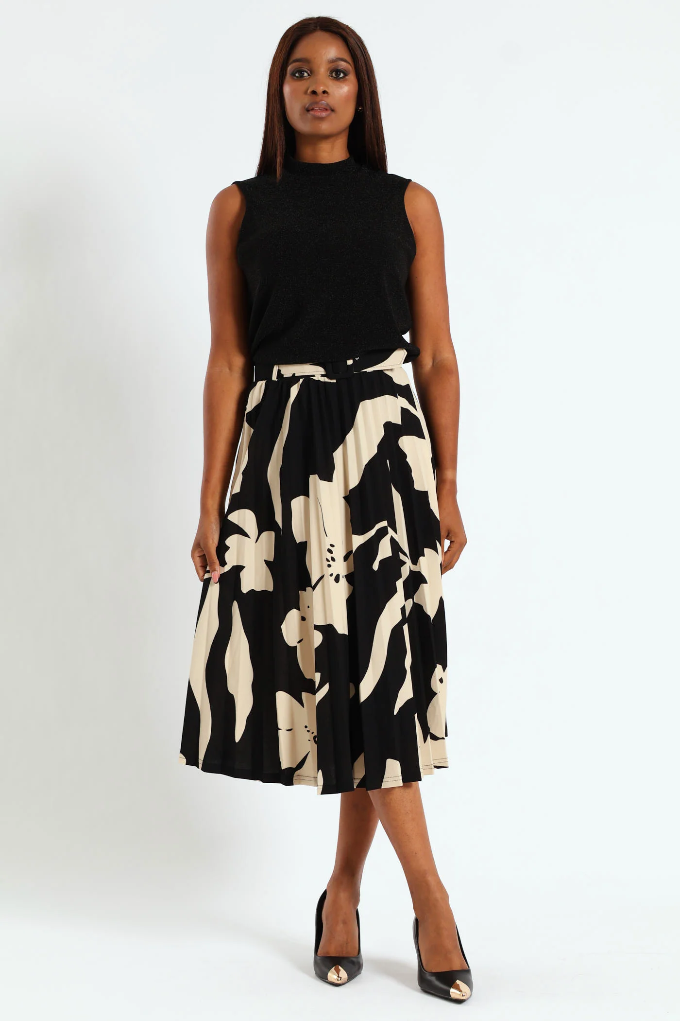 Belted Pleated Skirt - Black - Image 2