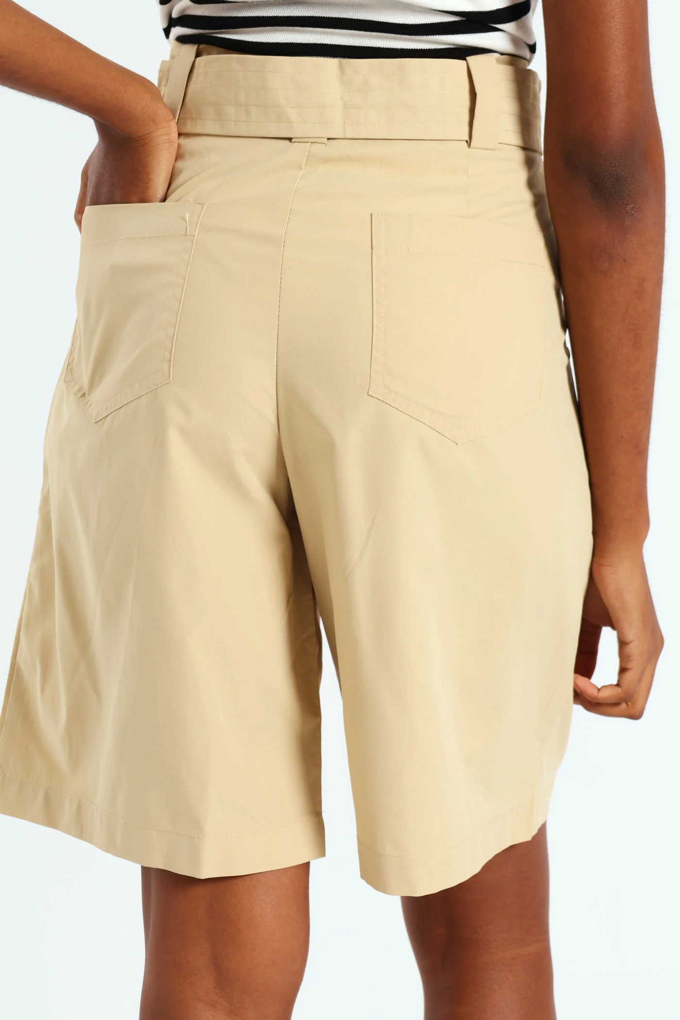 Belted Pleated Structured Bermuda Shorts - Khaki - Image 3
