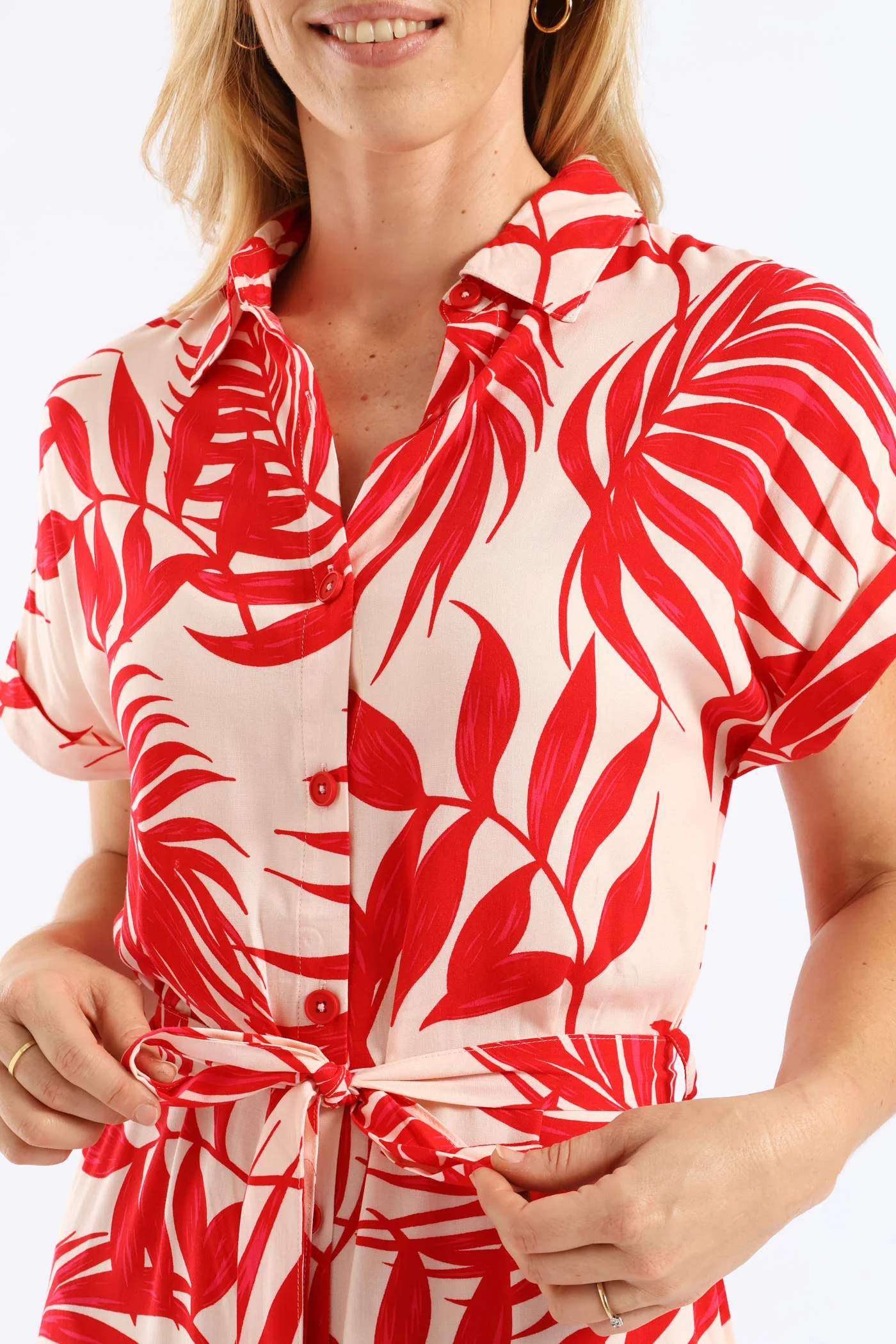 Belted Printed Midi Shirt Dress - Stone/Red - Image 2