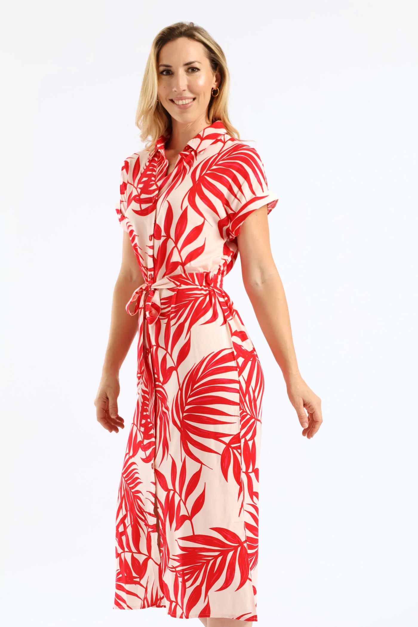Belted Printed Midi Shirt Dress - Stone/Red - Image 3
