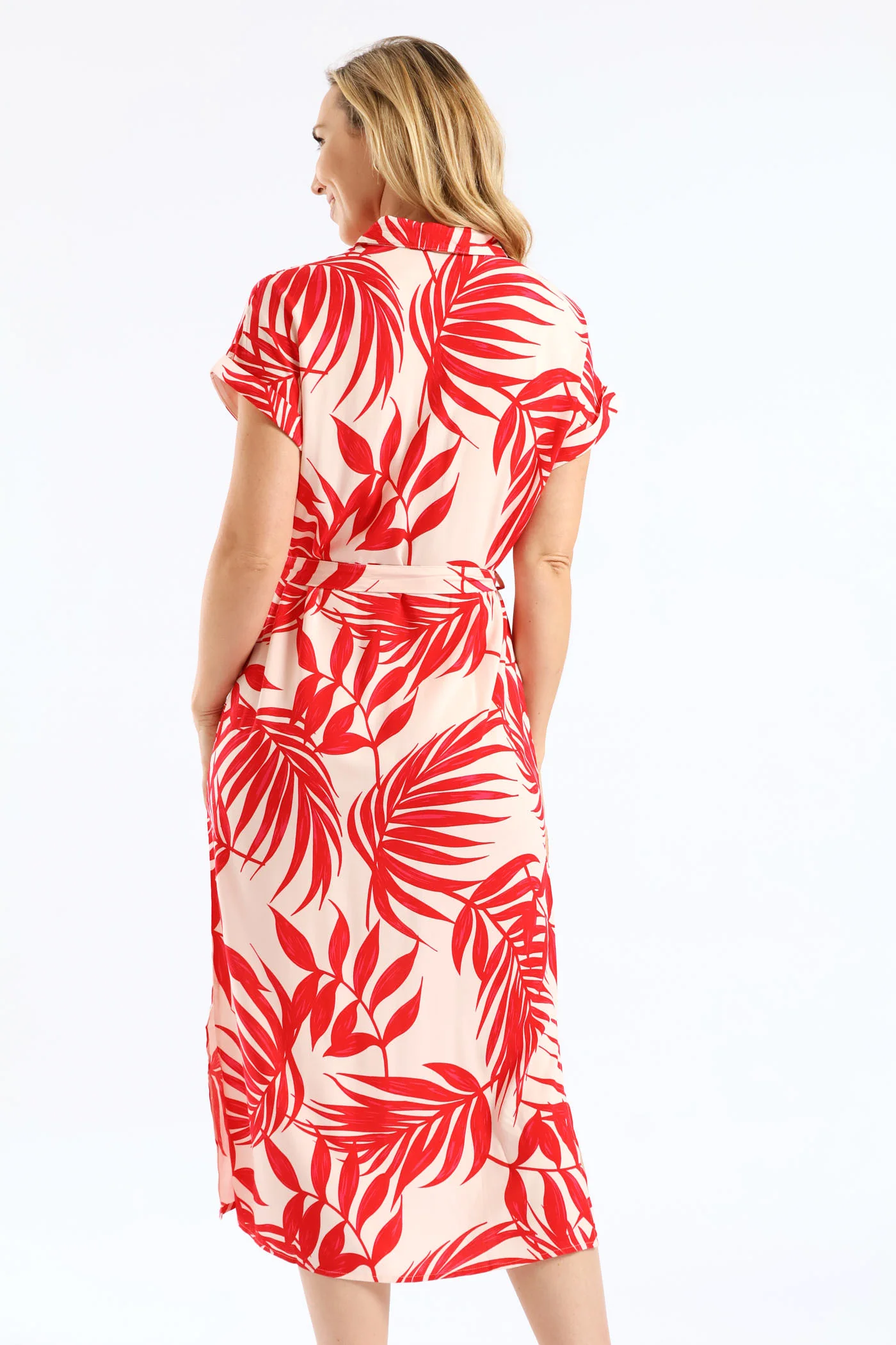 Belted Printed Midi Shirt Dress - Stone/Red - Image 4