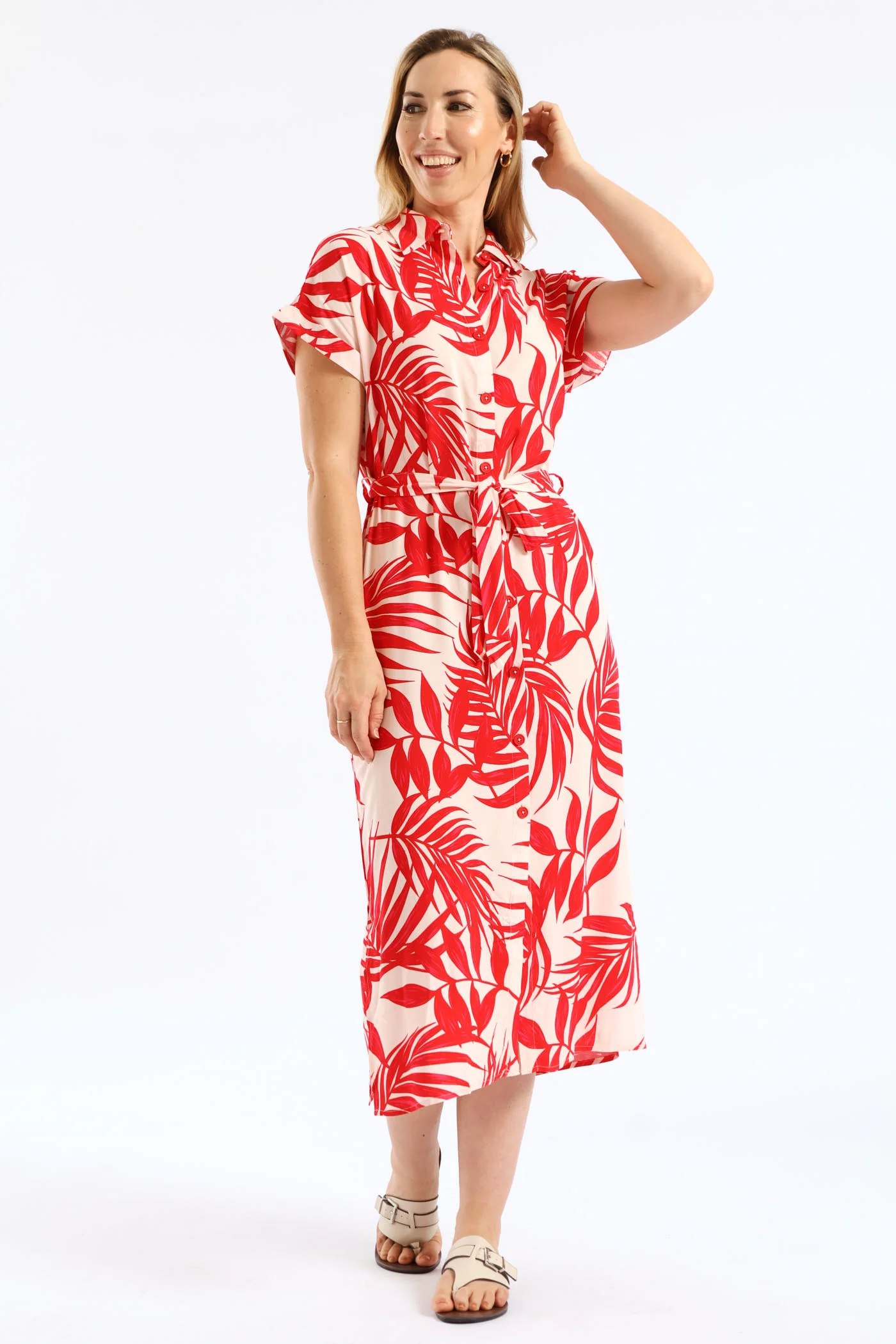 Belted Printed Midi Shirt Dress - Stone/Red - Image 5