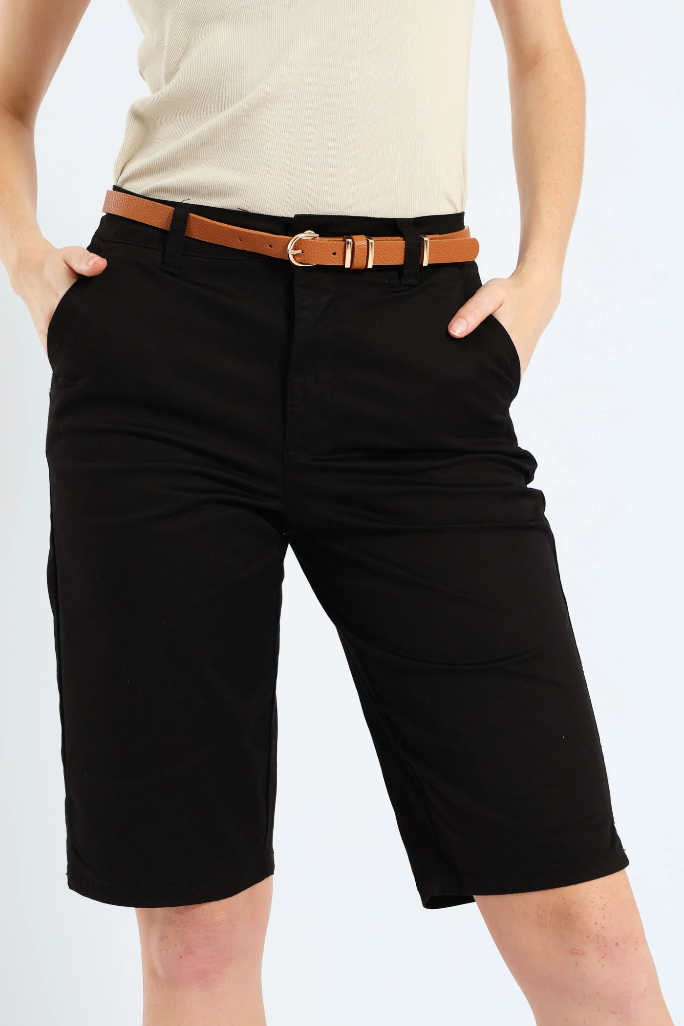 Belted Sateen Bermuda Chino Shorts - Black - Image 2