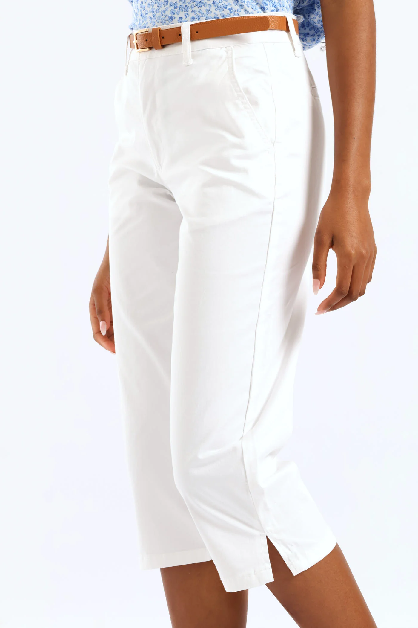 Belted Sateen Chino Capri Short - White - Image 4