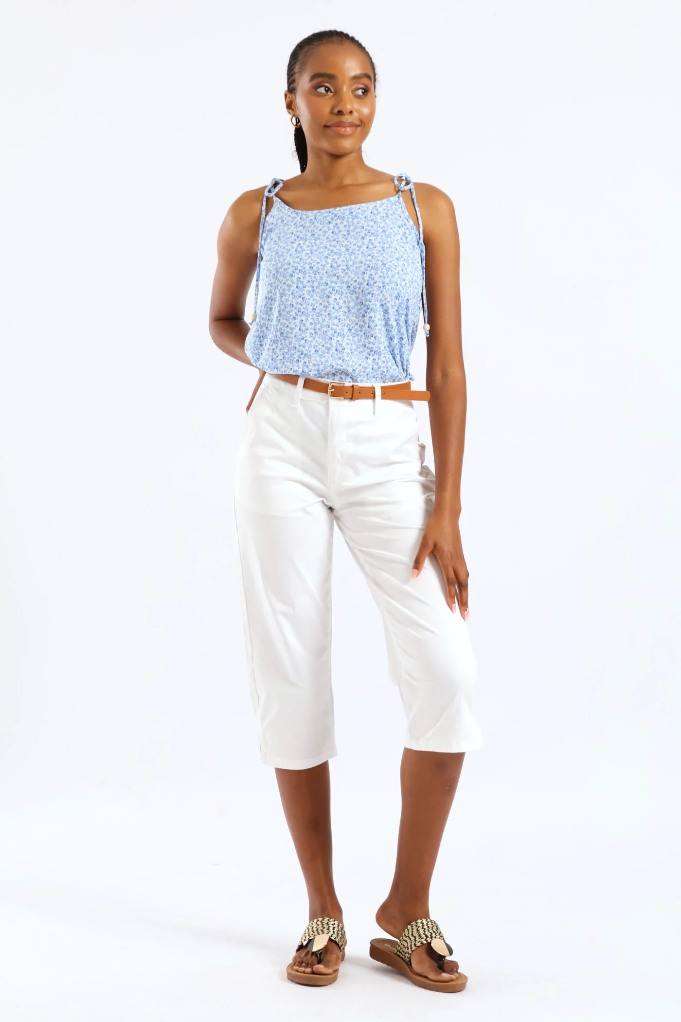 Belted Sateen Chino Capri Short - White - Image 5