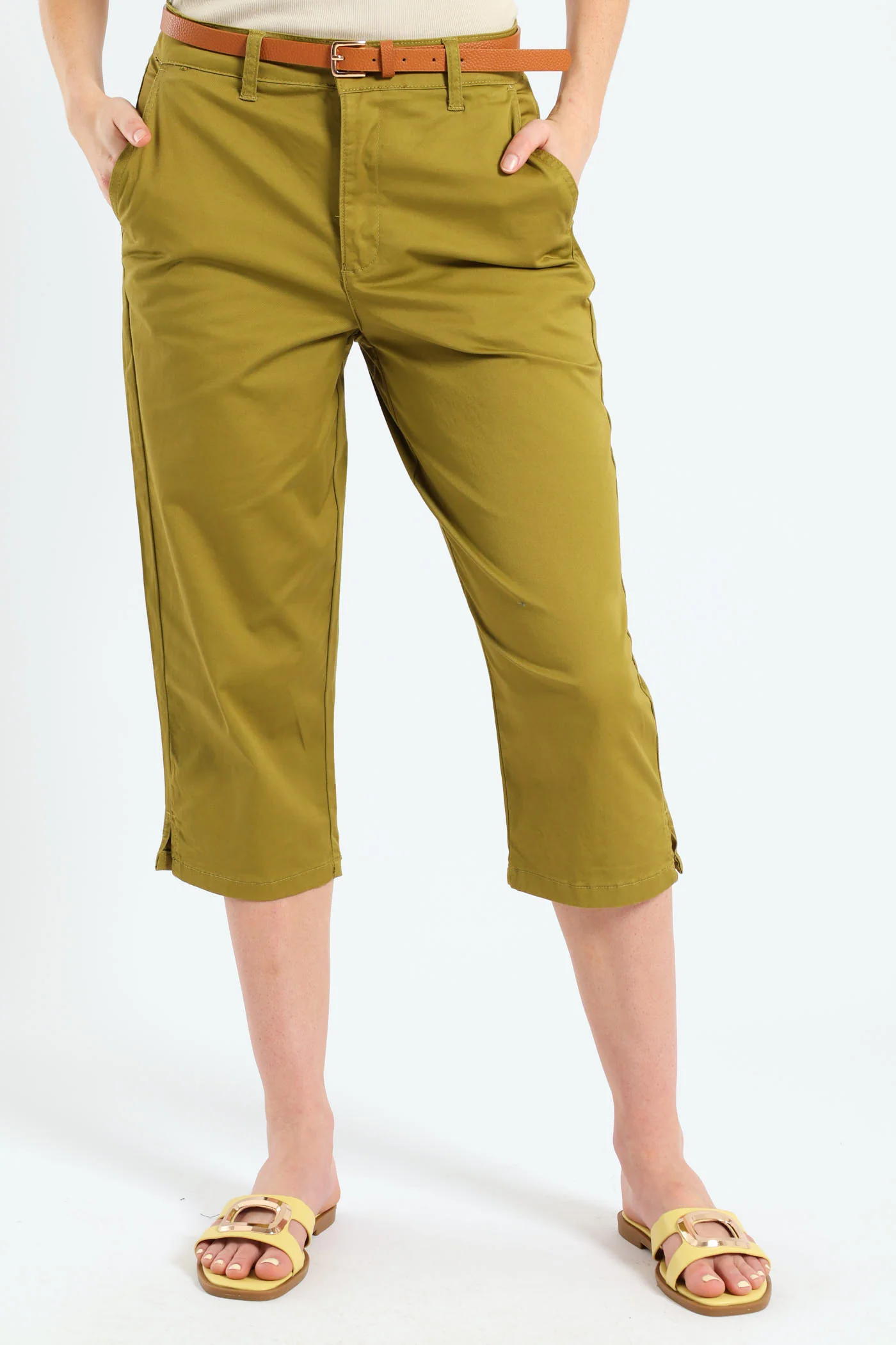 Belted Sateen Chino Capri Shorts - Chartreuse - Image 2