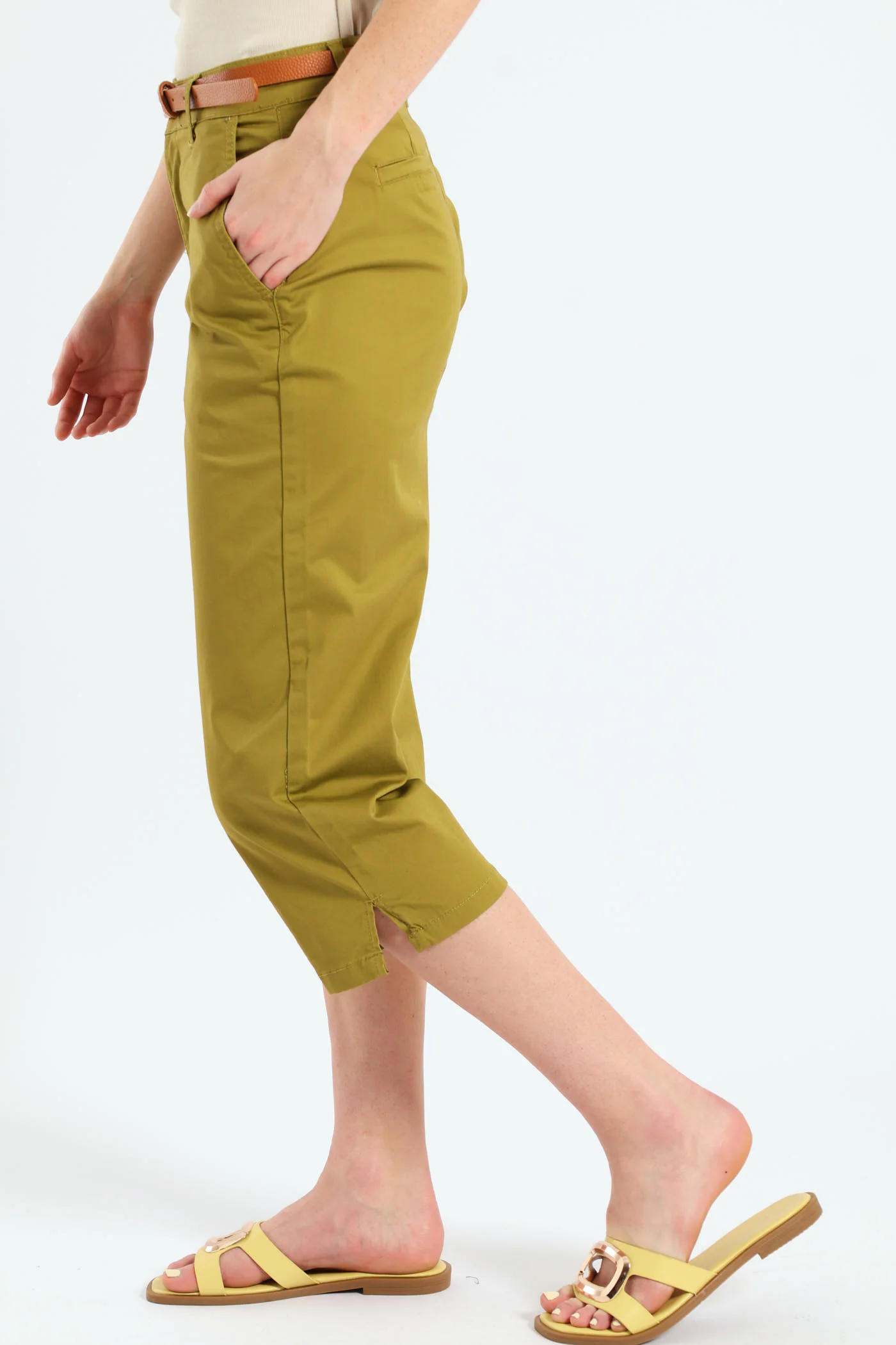 Belted Sateen Chino Capri Shorts - Chartreuse - Image 3