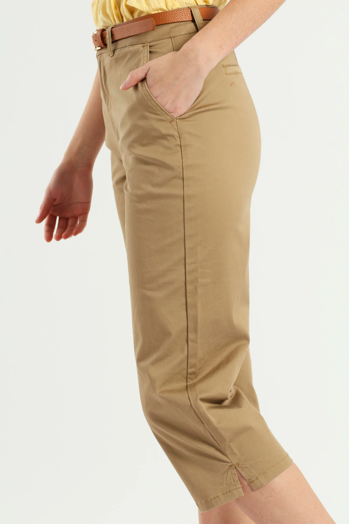 Belted Sateen Chino Capri Shorts - Light Stone - Image 3