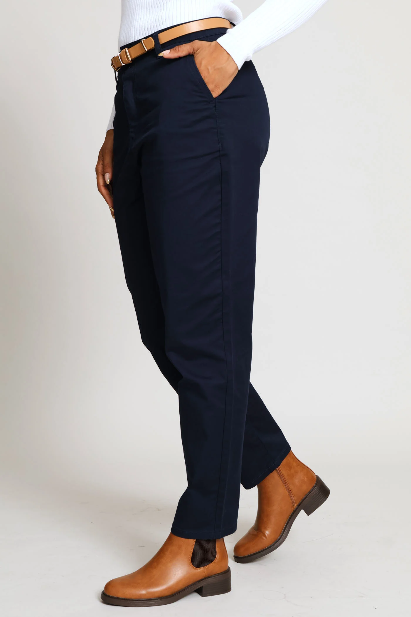 Belted Sateen Chino Straight Leg Pant - Navy - Image 2