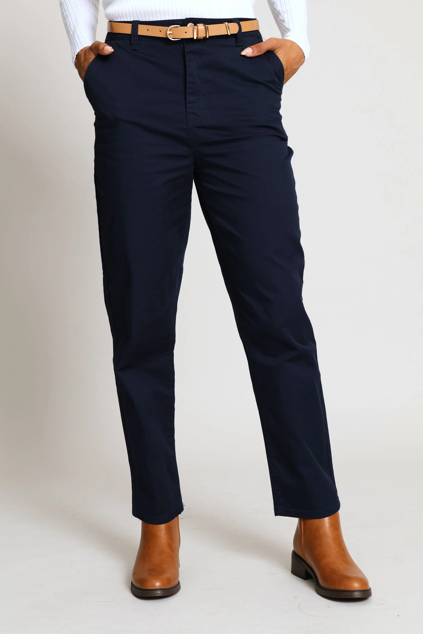 Belted Sateen Chino Straight Leg Pant - Navy - Image 3