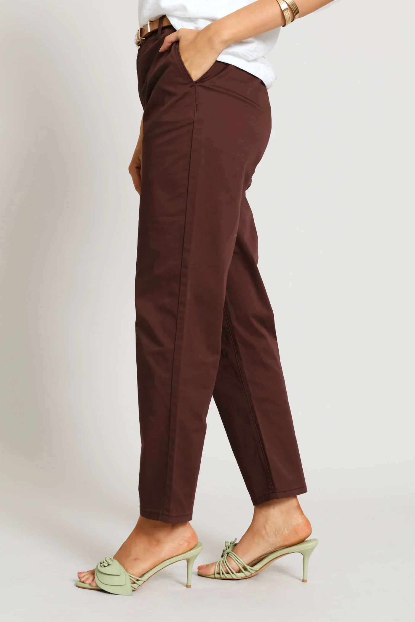 Belted Sateen Straight Leg Chino - Coffee - Image 2
