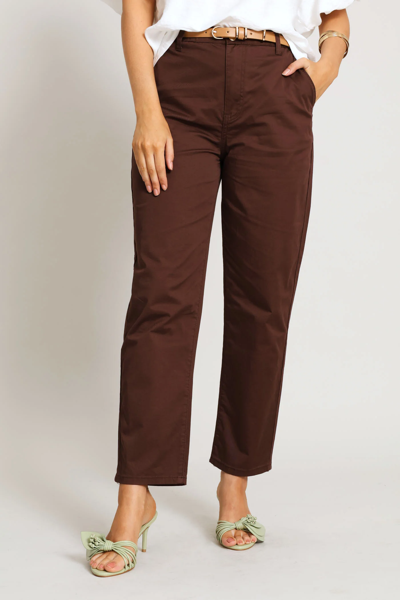 Belted Sateen Straight Leg Chino - Coffee - Image 3